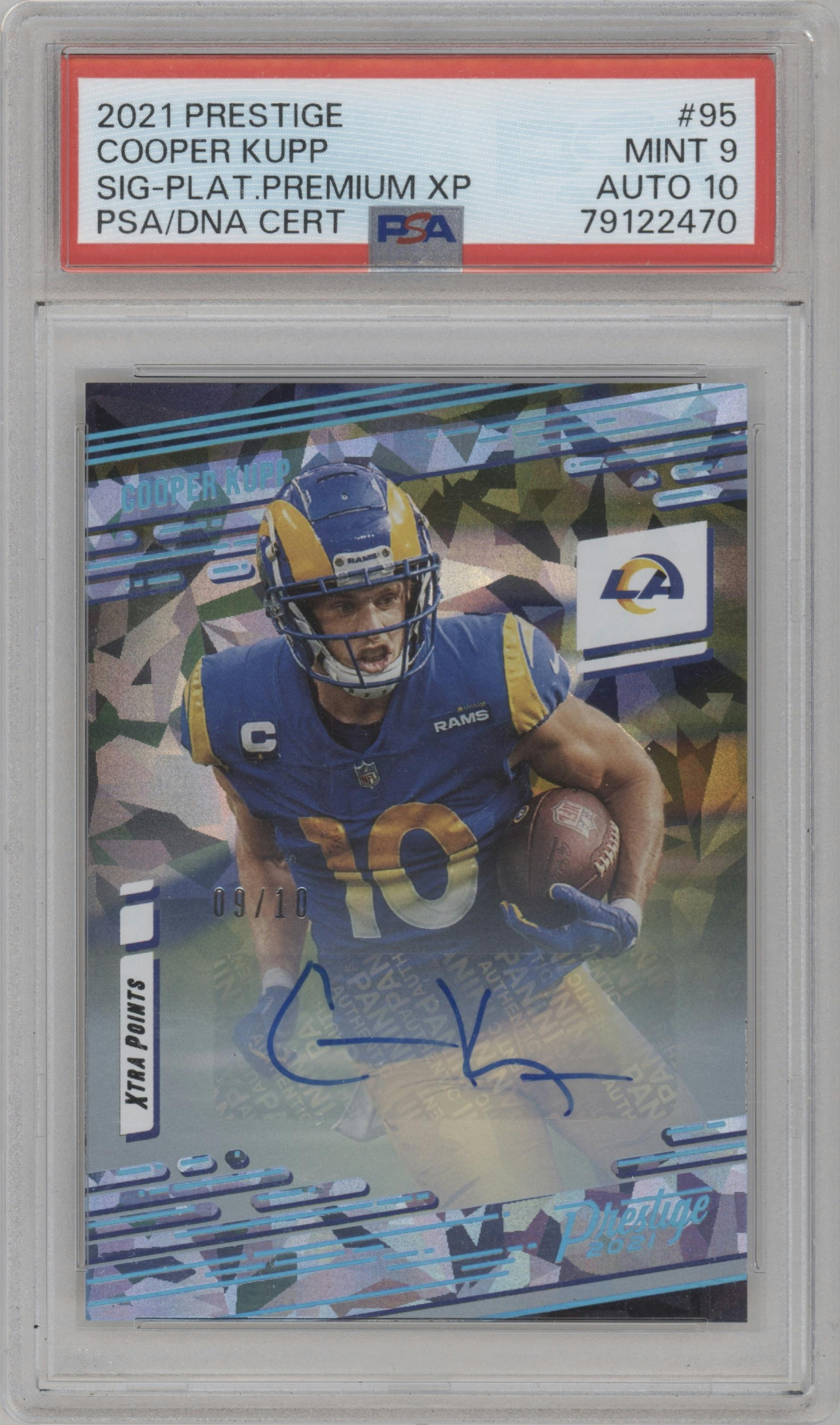 Cooper Kupp from the 2021 Panini Prestige set featuring a Platinum parallel graded by PSA and given an overall grade of 9.