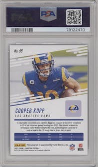 Cooper Kupp from the 2021 Panini Prestige set featuring a Platinum parallel graded by PSA and given an overall grade of 9.