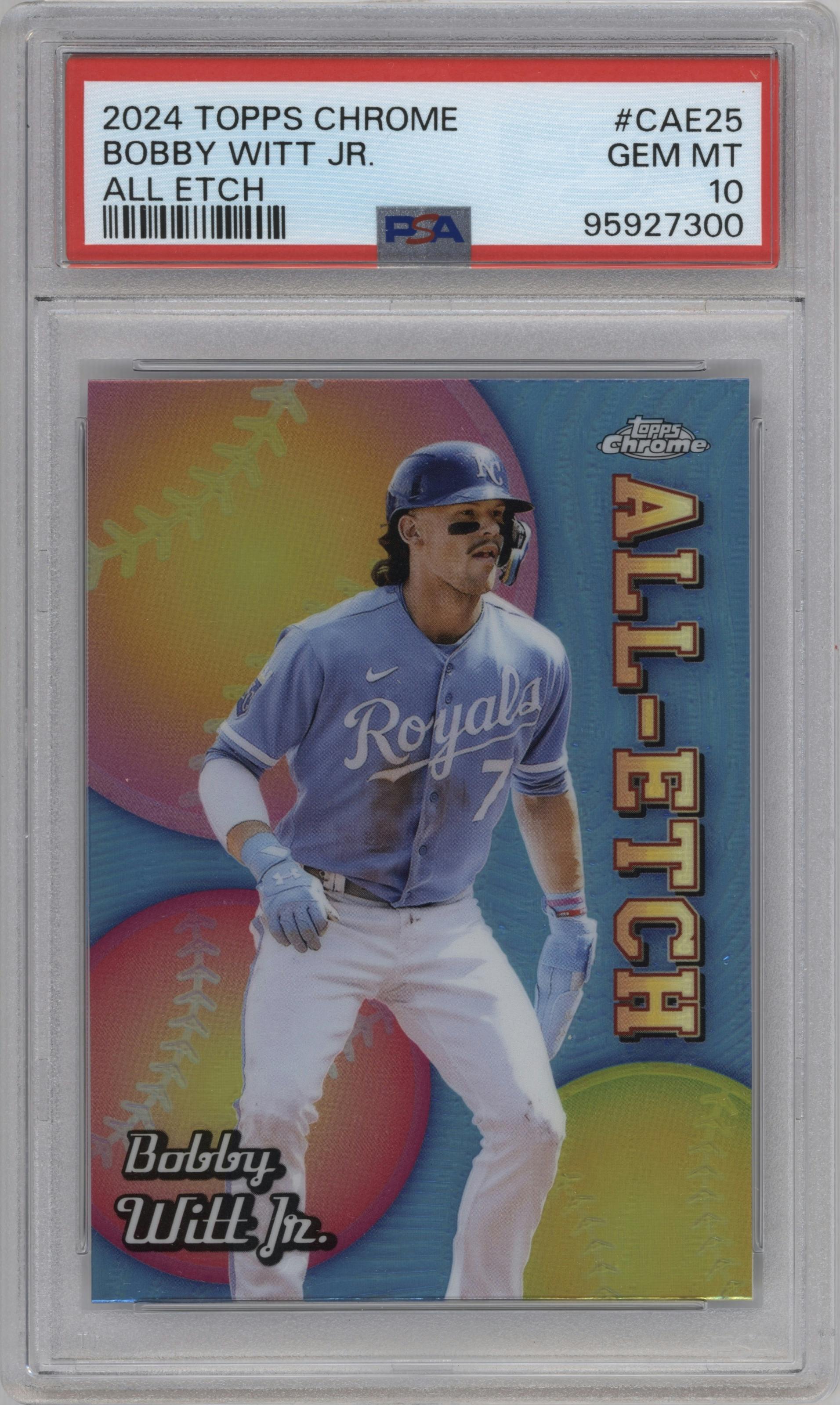 Bobby Witt Jr. from the 2024 Topps Chrome set graded by PSA and given an overall grade of 10.