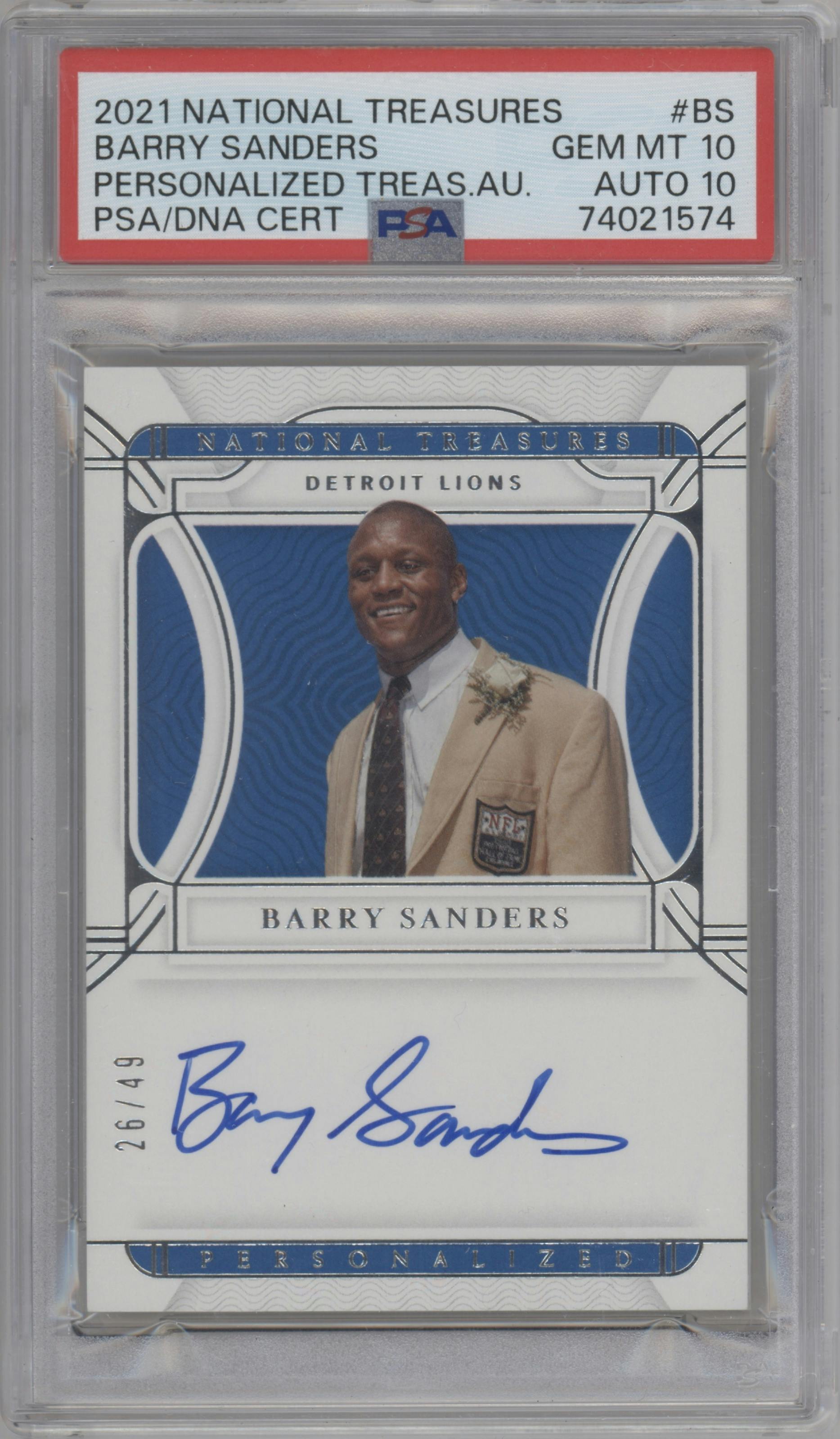 Barry Sanders from the 2021 Panini National Treasures set graded by PSA and given an overall grade of 10.
