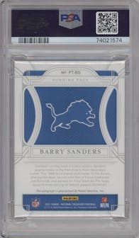 Barry Sanders from the 2021 Panini National Treasures set graded by PSA and given an overall grade of 10.