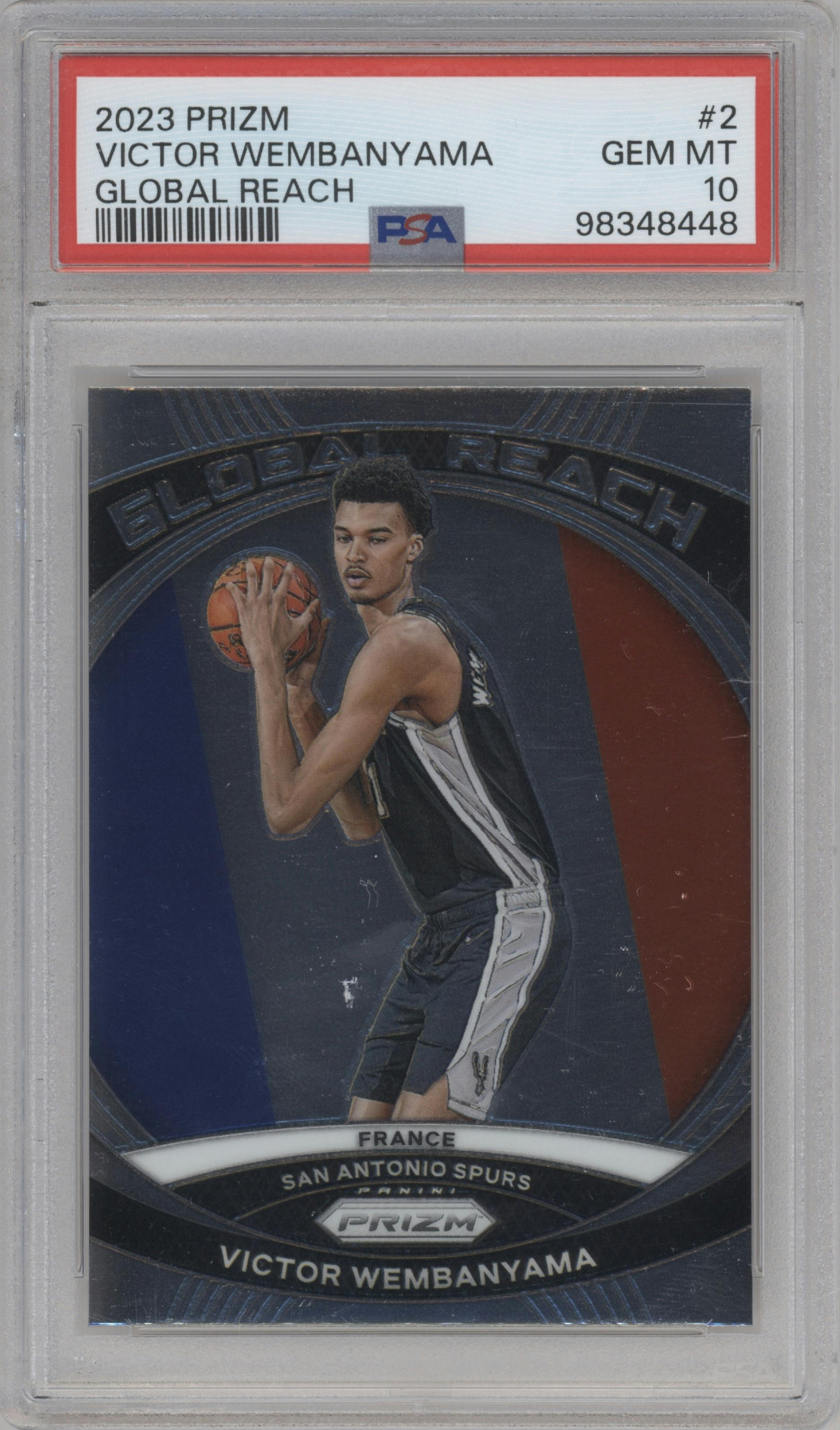 Victor Wembanyama from the 2023-24 Panini Prizm set graded by PSA and given an overall grade of 10.