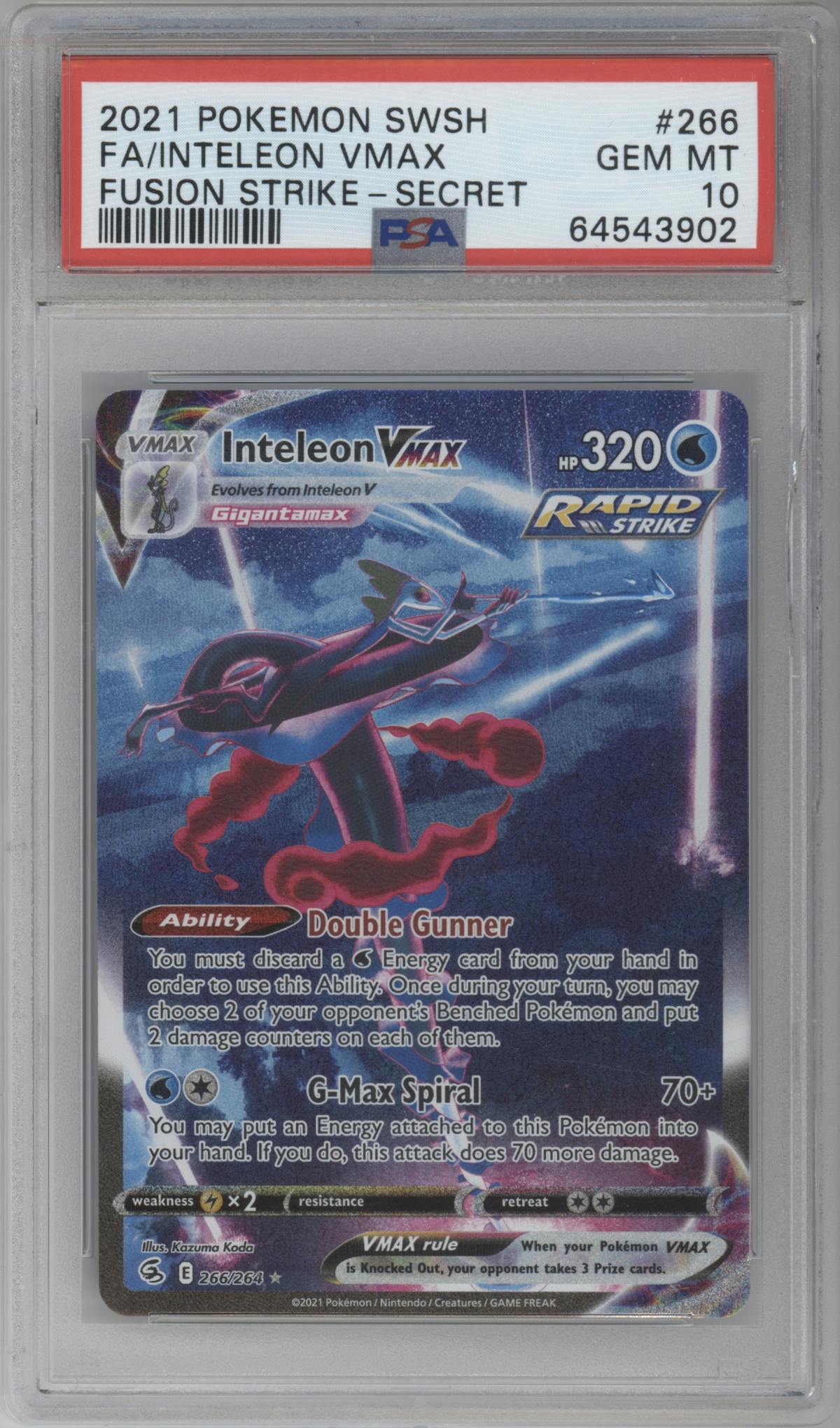 Inteleon VMAX from the 2021 Pokemon SWSH set graded by PSA and given an overall grade of 10.