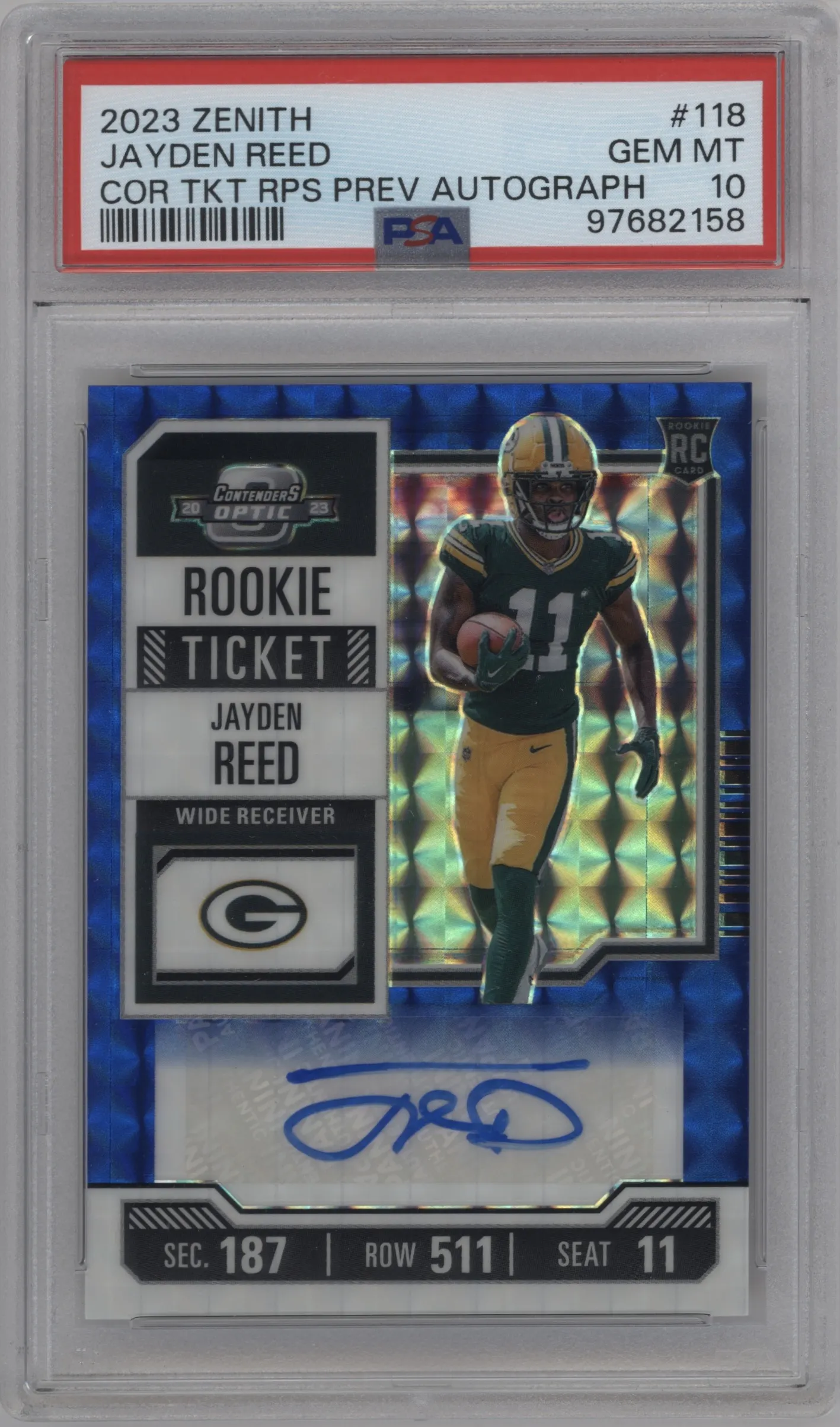 2023 Panini Zenith Cont.Opt.Rke.Tkt.Prev. Jayden Reed Blue PSA 10