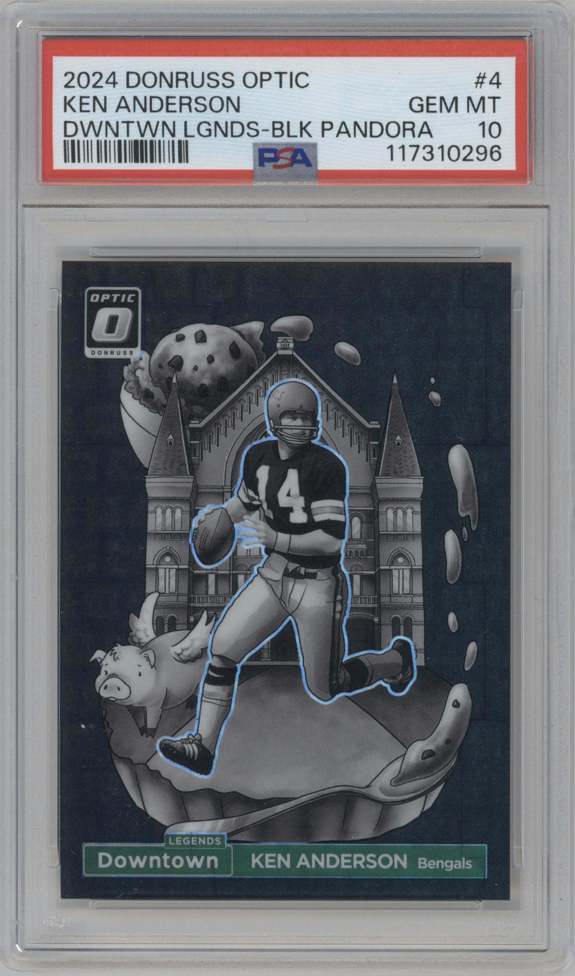 Ken Anderson from the 2024 Donruss Optic set featuring a Black Pandora parallel graded by PSA and given an overall grade of 10.