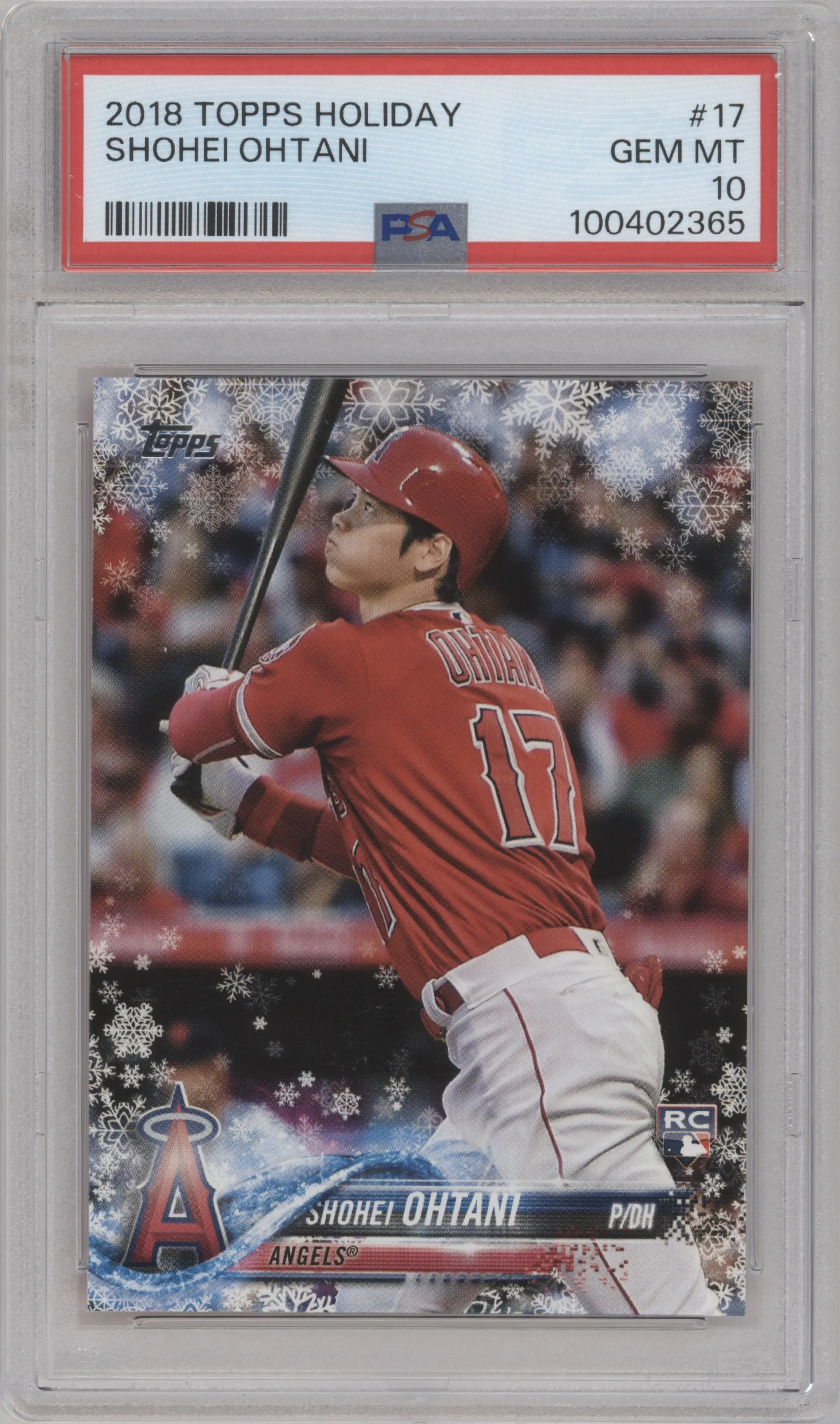 Shohei Ohtani from the 2018 Topps Holiday set graded by PSA and given an overall grade of 10.
