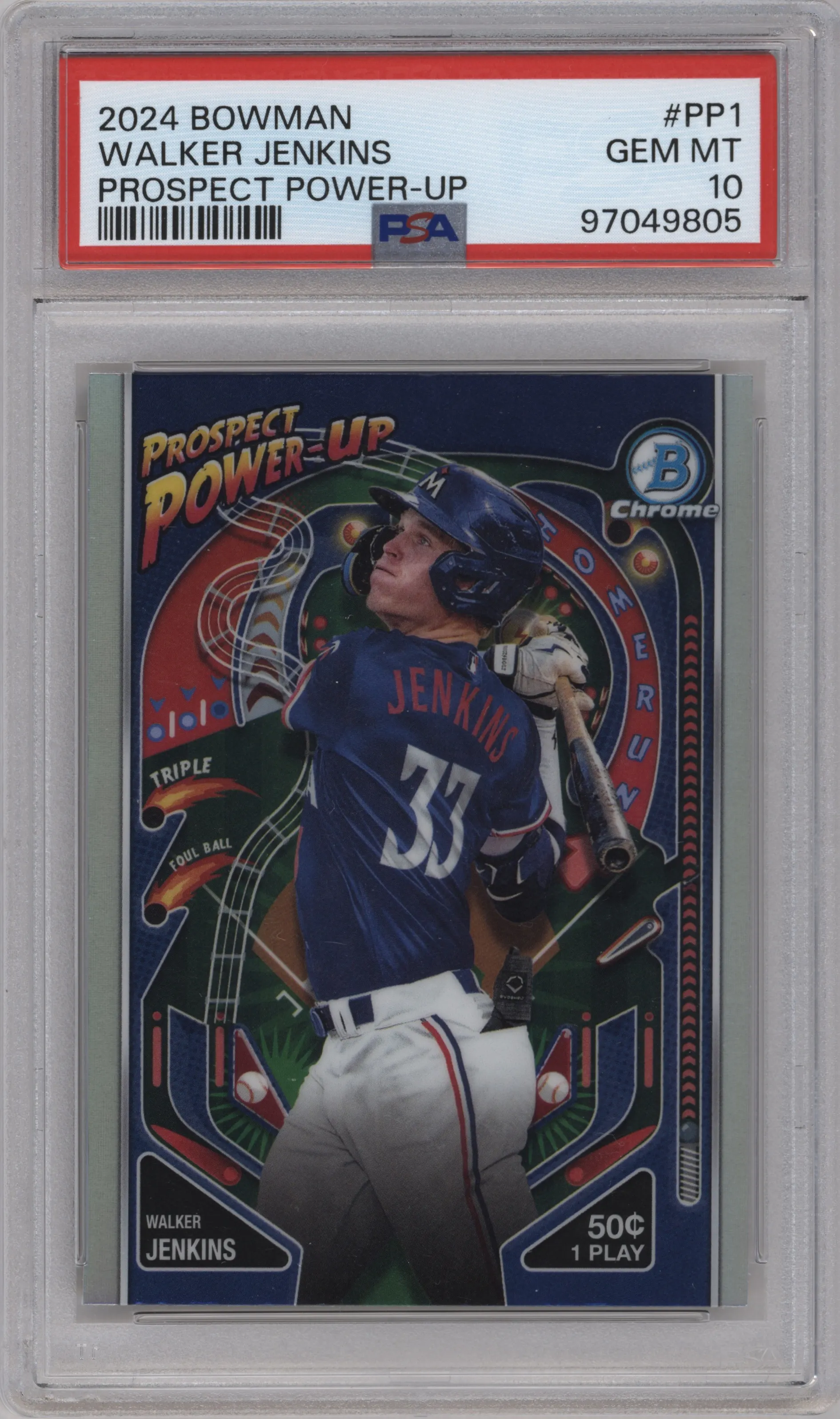 Walker Jenkins from the 2024 Bowman set graded by PSA and given an overall grade of 10.