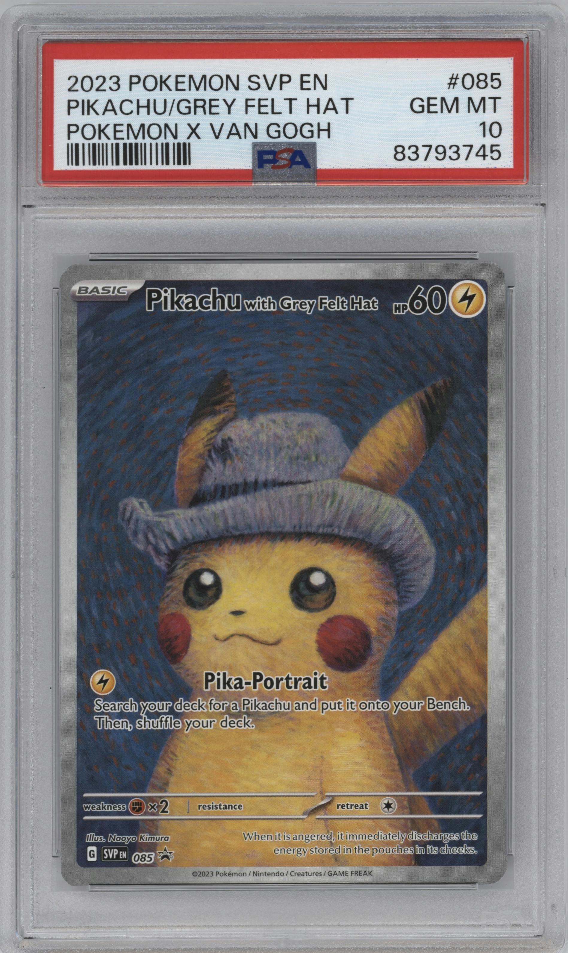 Pikachu with Grey Felt Hat from the 2023 Pokemon SV set featuring a Pokemon x Van Gogh parallel graded by PSA and given an overall grade of 10.