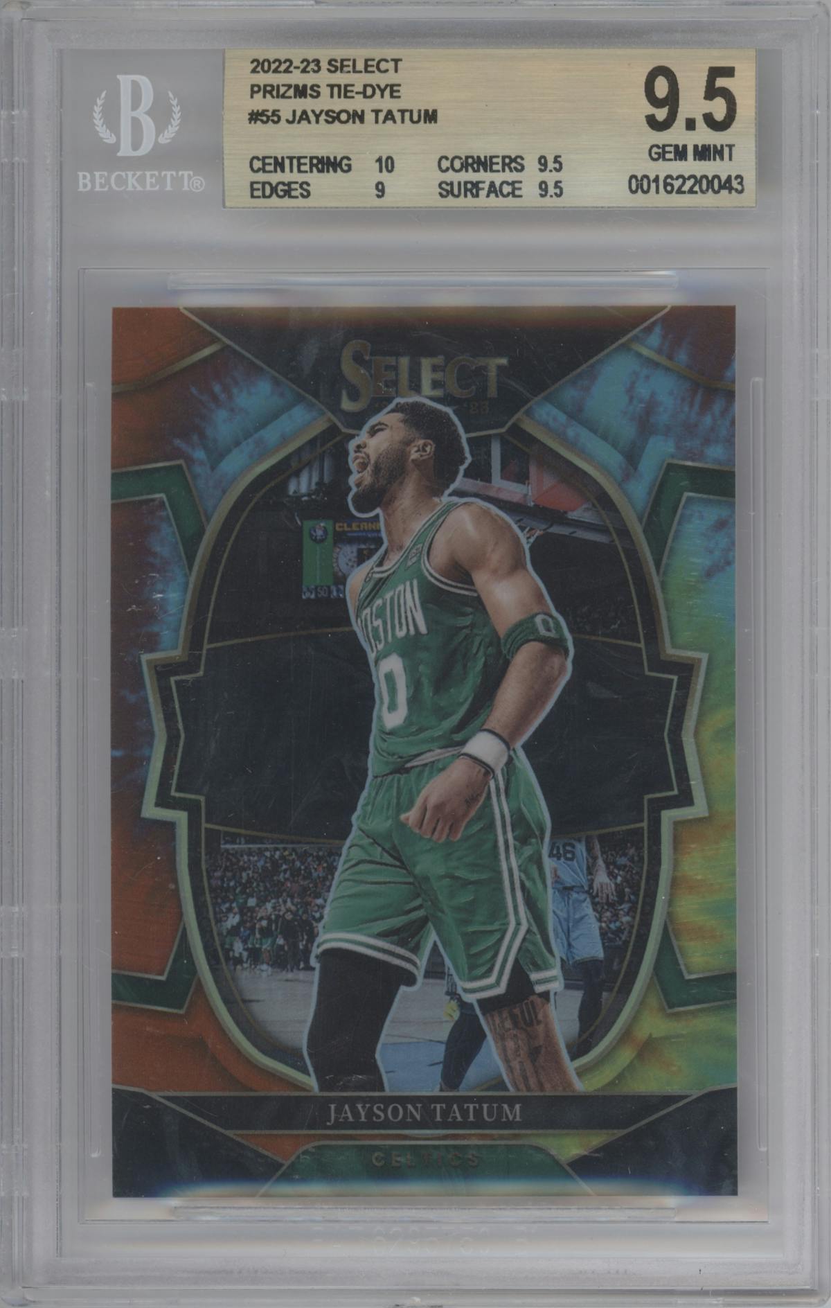 Jayson Tatum from the 2022-23 Panini Select set featuring a Tie-Dye parallel graded by Beckett and given an overall grade of 9.5.