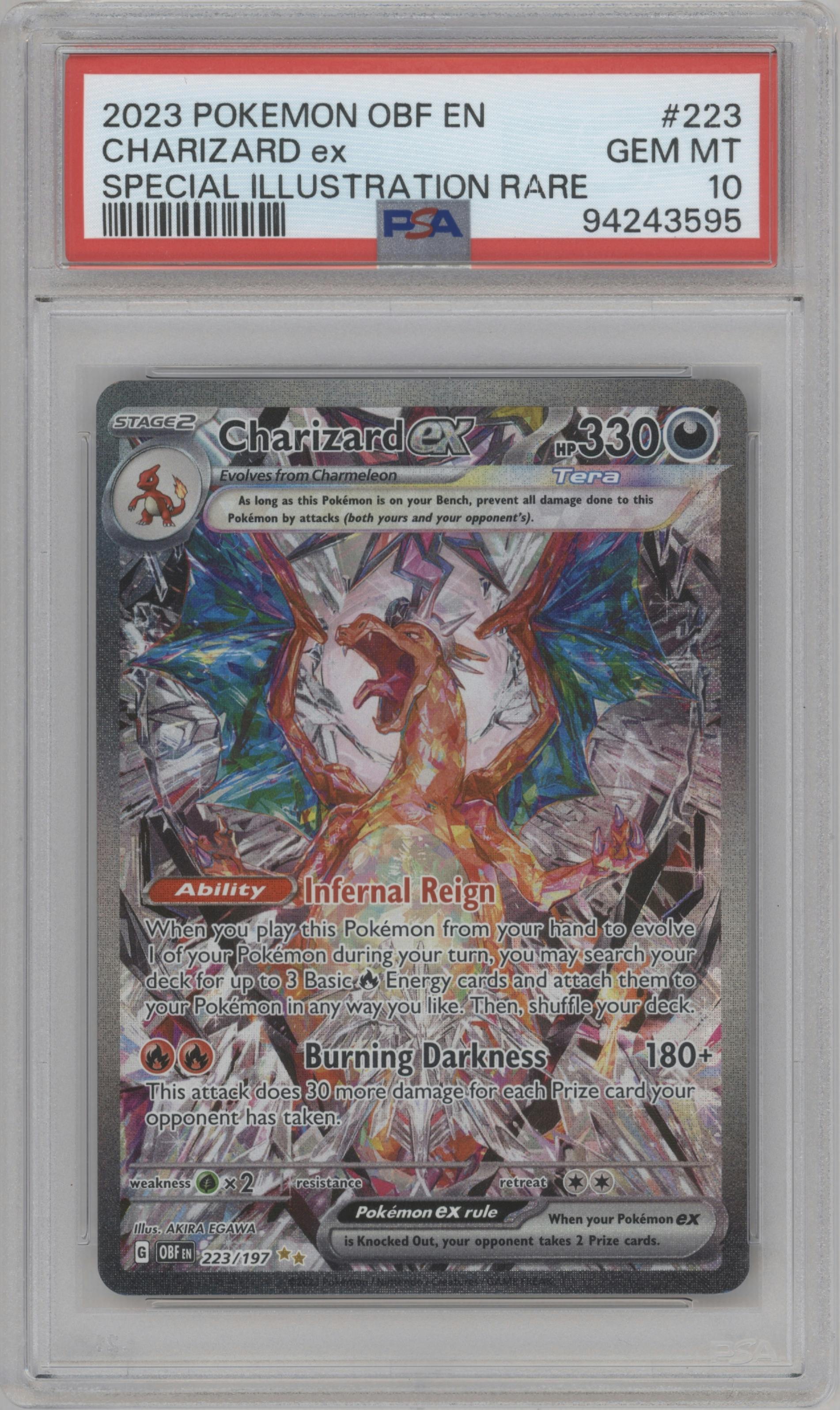 Charizard ex from the 2023 Pokemon SV set graded by PSA and given an overall grade of 10.