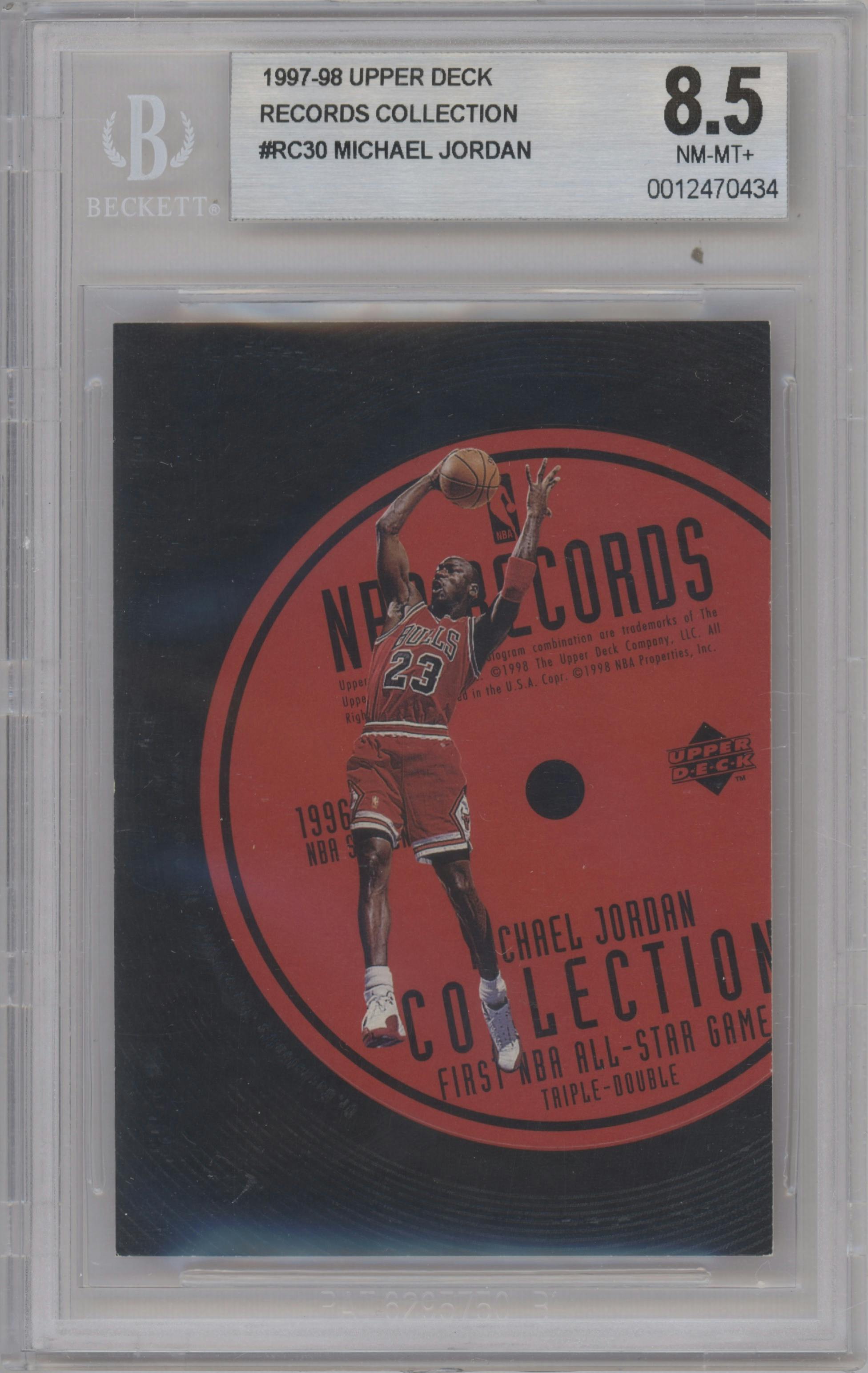 Michael Jordan from the 1997-98 Upper Deck set graded by Beckett and given an overall grade of 8.5.