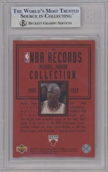 Michael Jordan from the 1997-98 Upper Deck set graded by Beckett and given an overall grade of 8.5.