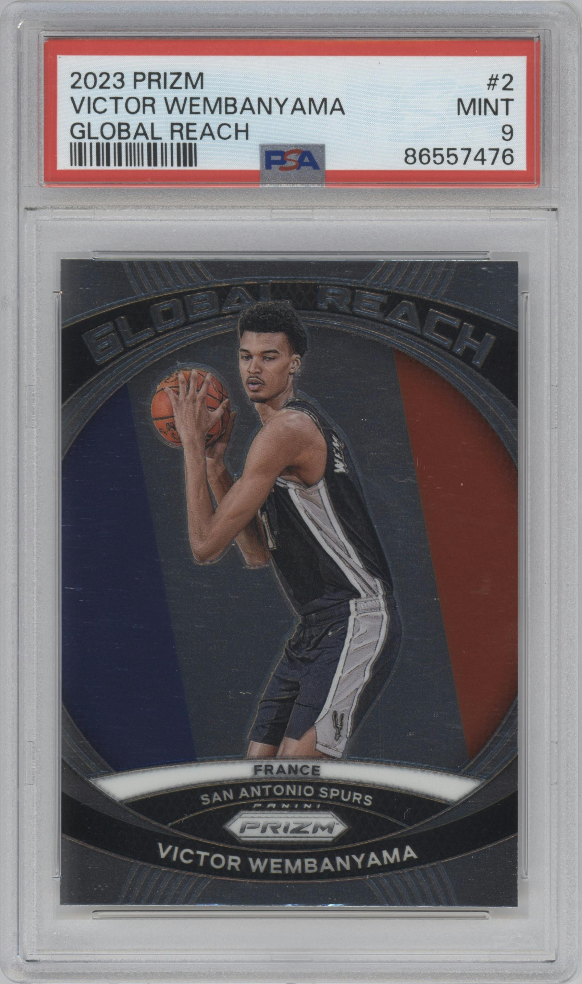 Victor Wembanyama from the 2023-24 Panini Prizm set graded by PSA and given an overall grade of 9.
