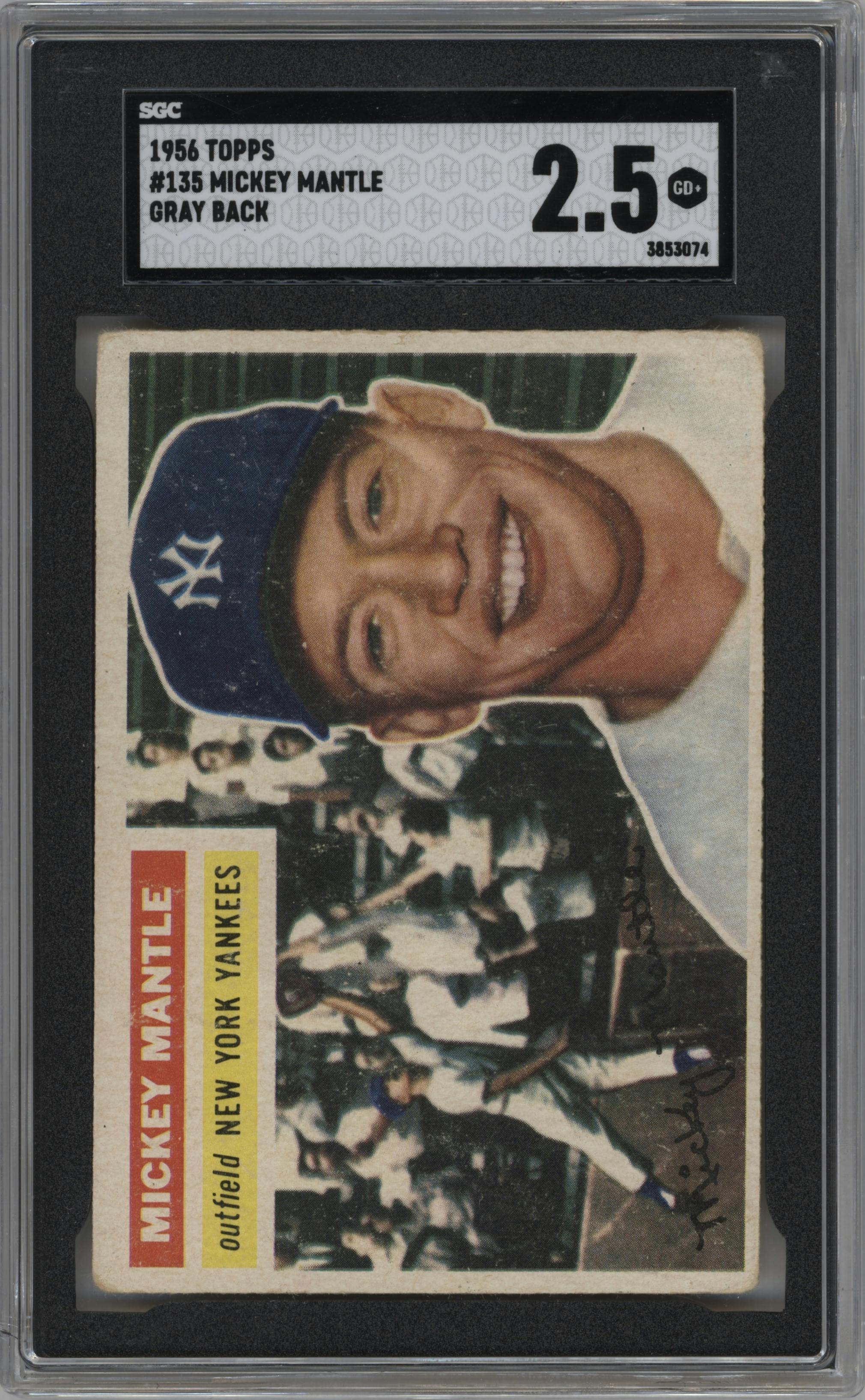 Mickey Mantle from the 1956 Topps set featuring a Gray Back parallel graded by SGC and given an overall grade of 2.5.