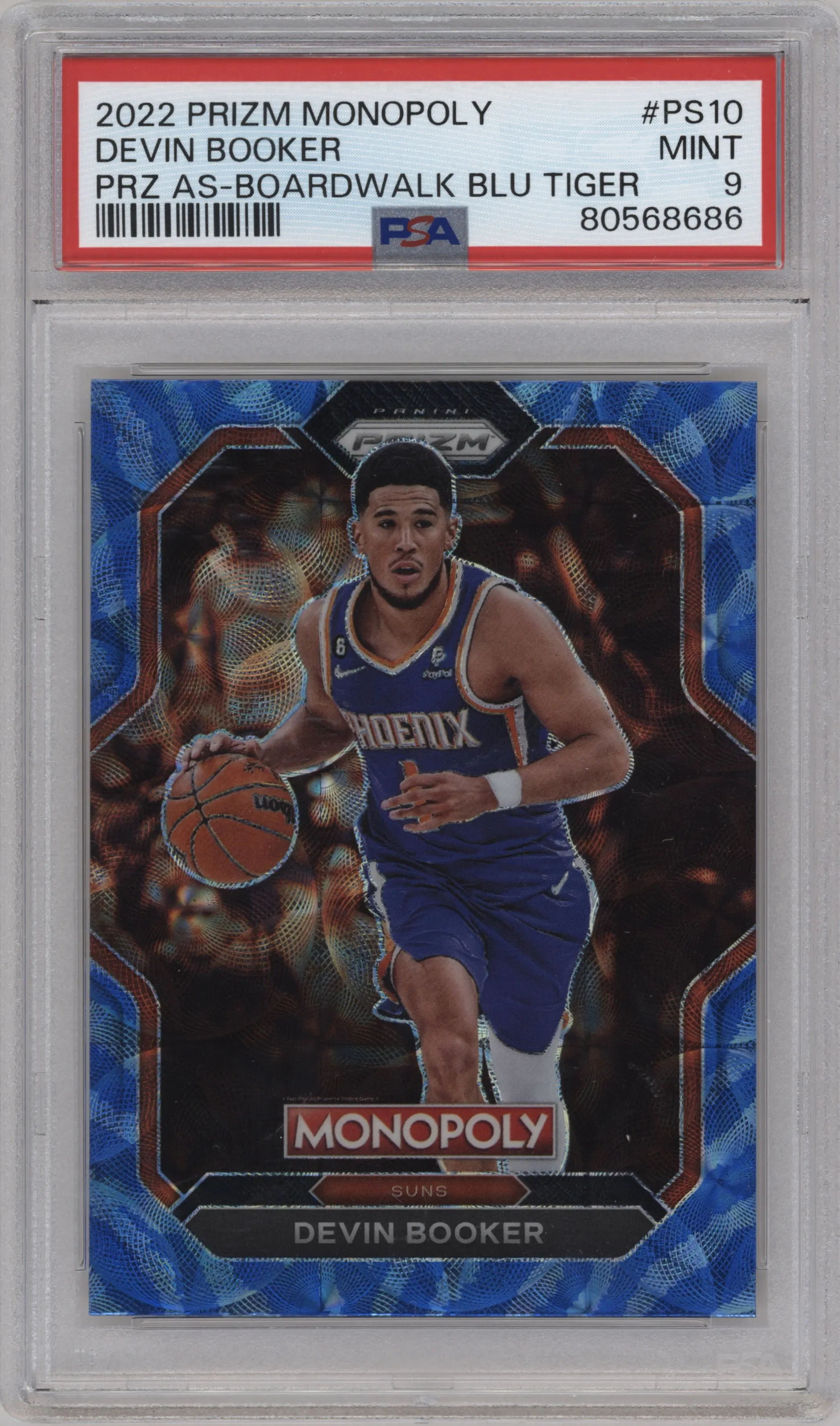 2022 Panini Prizm Monopoly All-Stars Devin Booker Boardwalk Blue Tiger Stripe #PS10 PSA 9