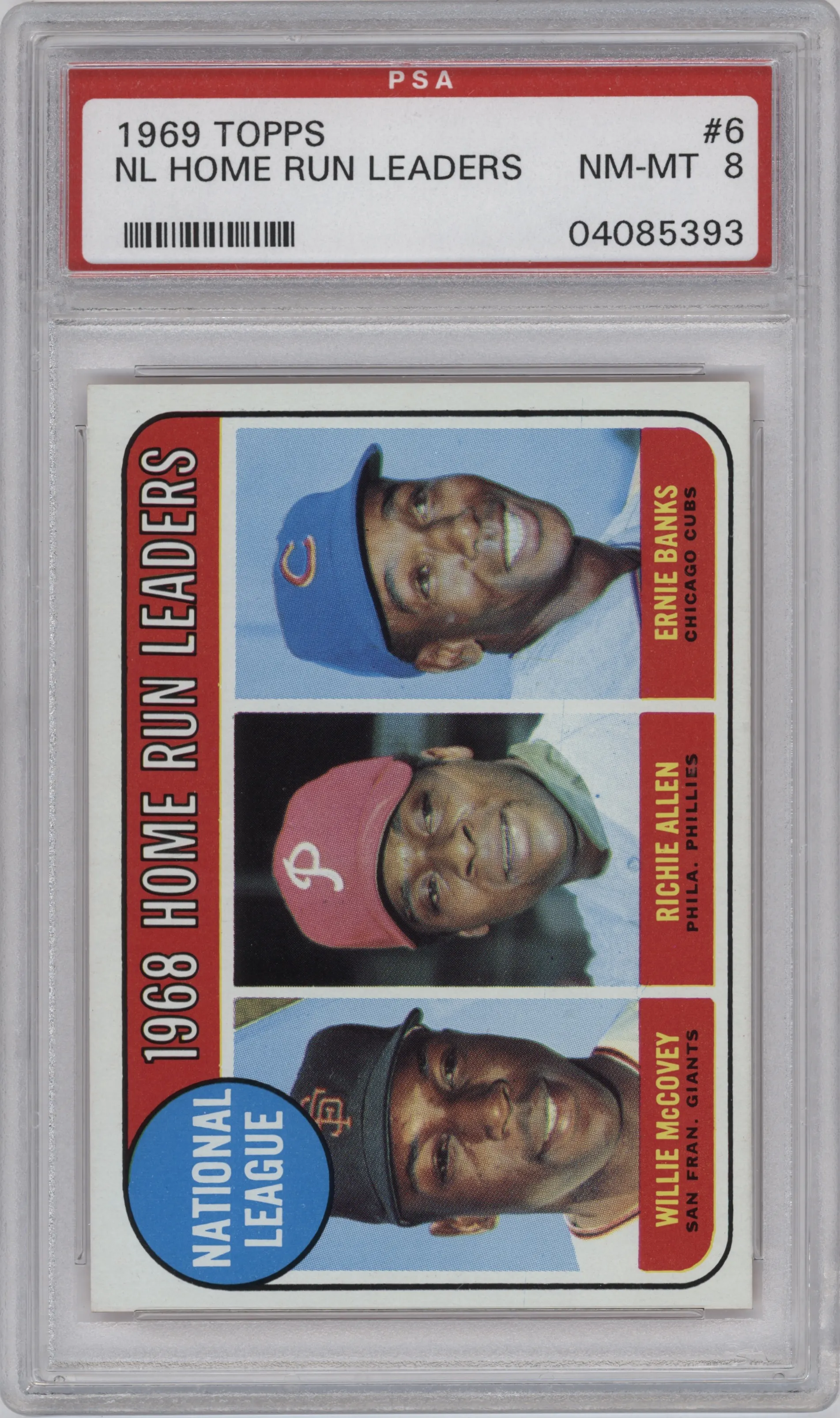 Willie McCovey/Richie Allen/Ernie Banks from the 1969 Topps set graded by PSA and given an overall grade of 8.