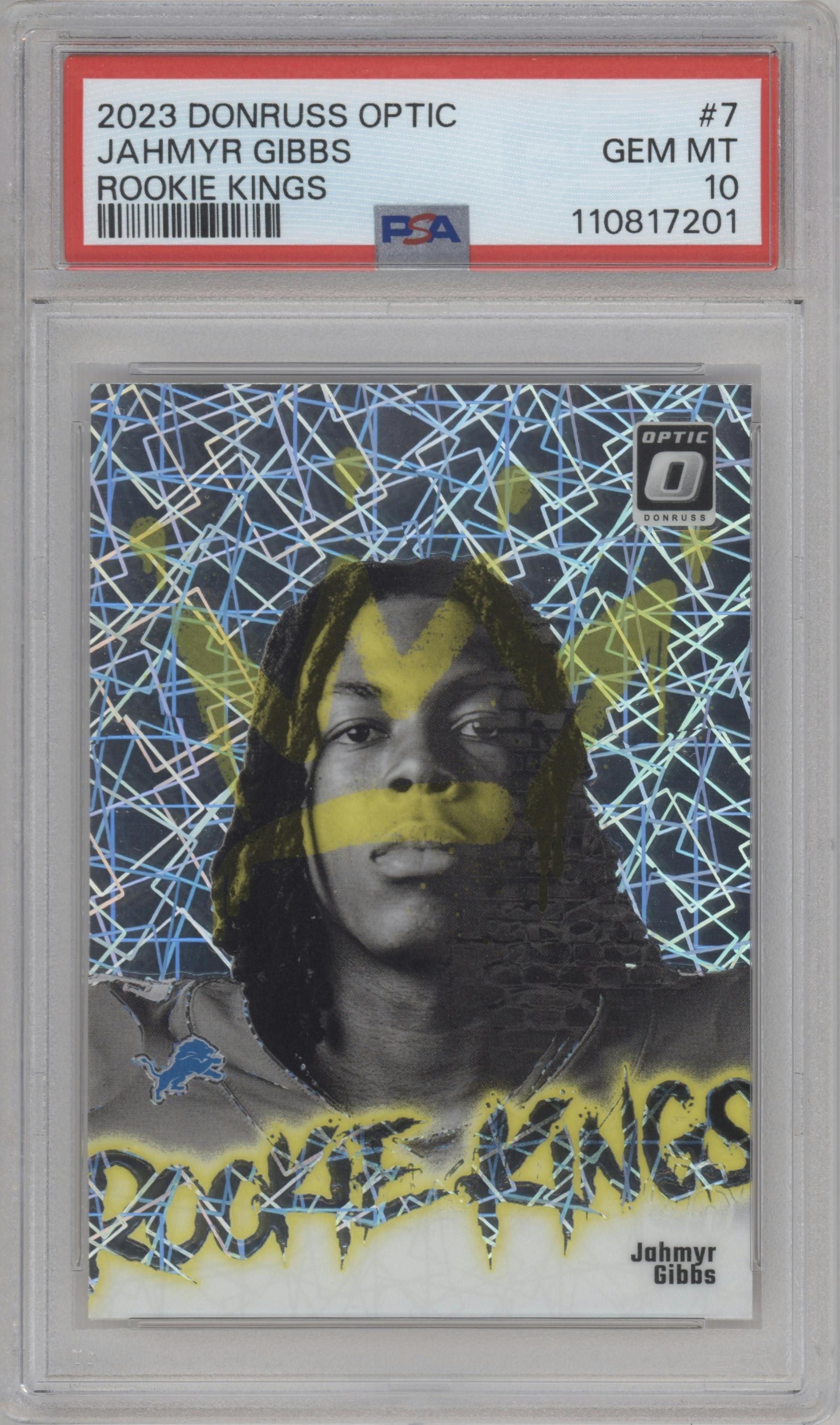 Jahmyr Gibbs from the 2023 Donruss Optic set graded by PSA and given an overall grade of 10.