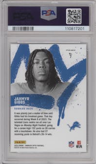 Jahmyr Gibbs from the 2023 Donruss Optic set graded by PSA and given an overall grade of 10.