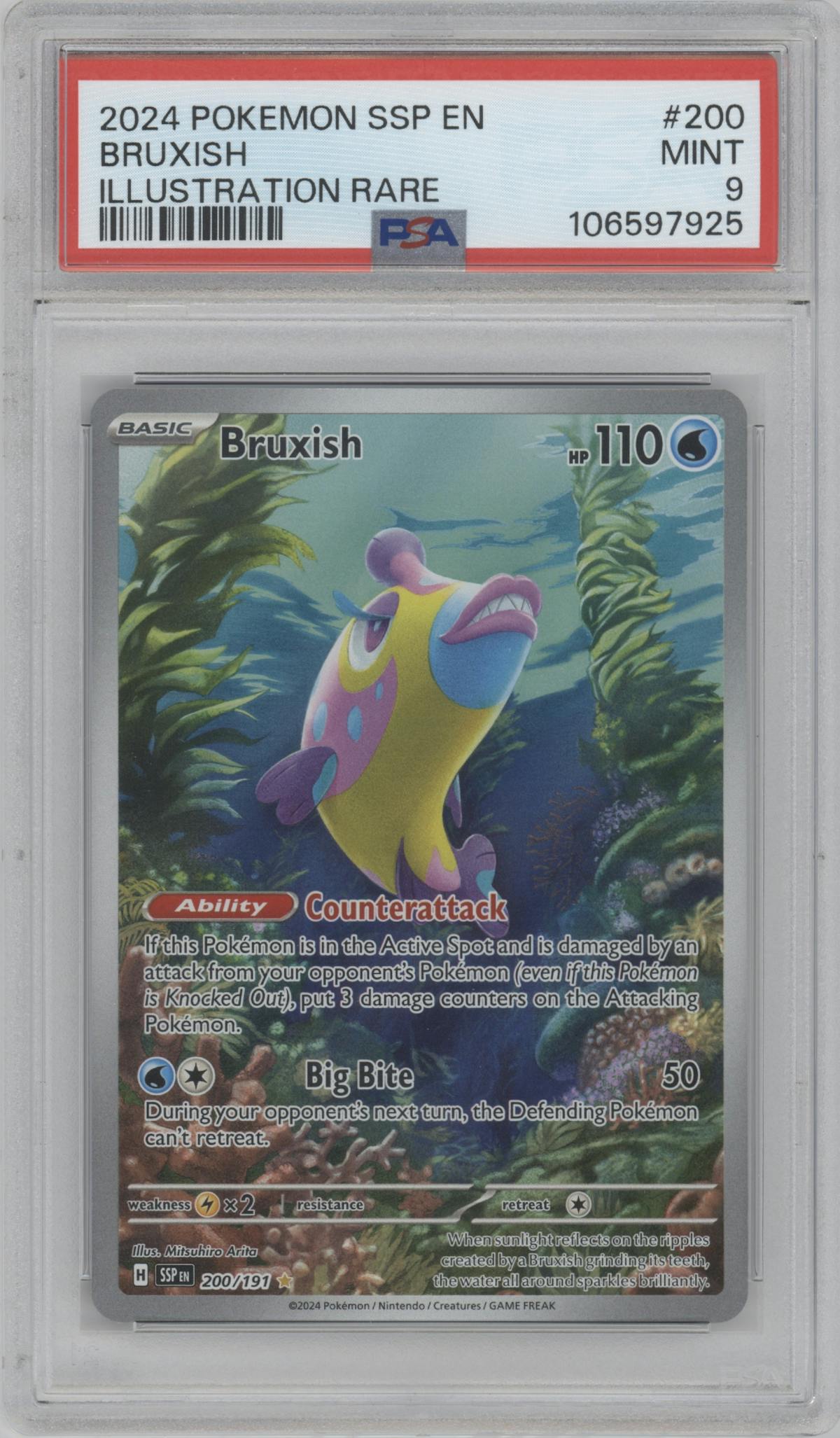 Bruxish from the 2024 Pokemon SV set graded by PSA and given an overall grade of 9.