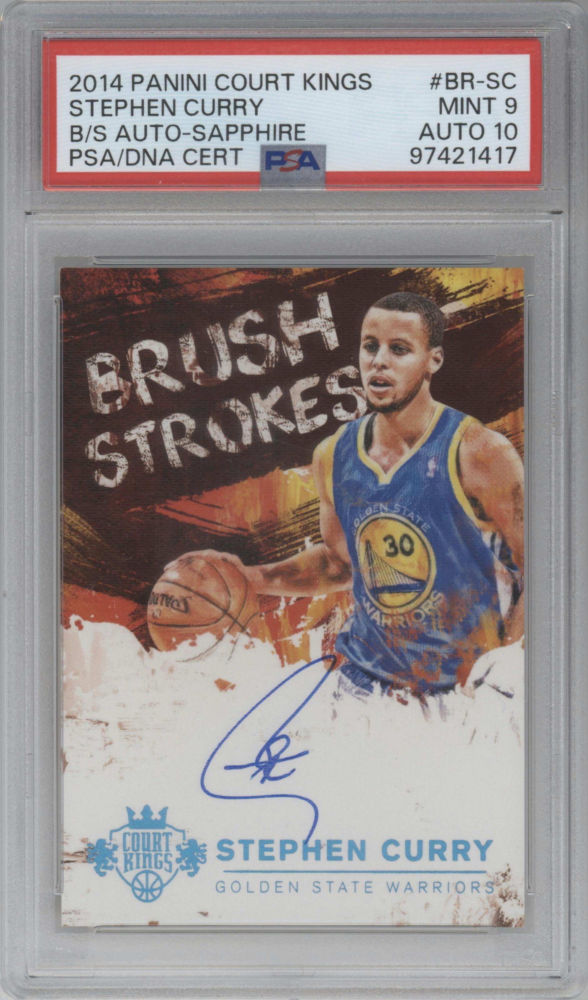 Stephen Curry from the 2014-15 Panini Court Kings set featuring a Sapphire parallel graded by PSA and given an overall grade of 9.