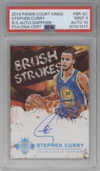 Stephen Curry from the 2014-15 Panini Court Kings set featuring a Sapphire parallel graded by PSA and given an overall grade of 9.