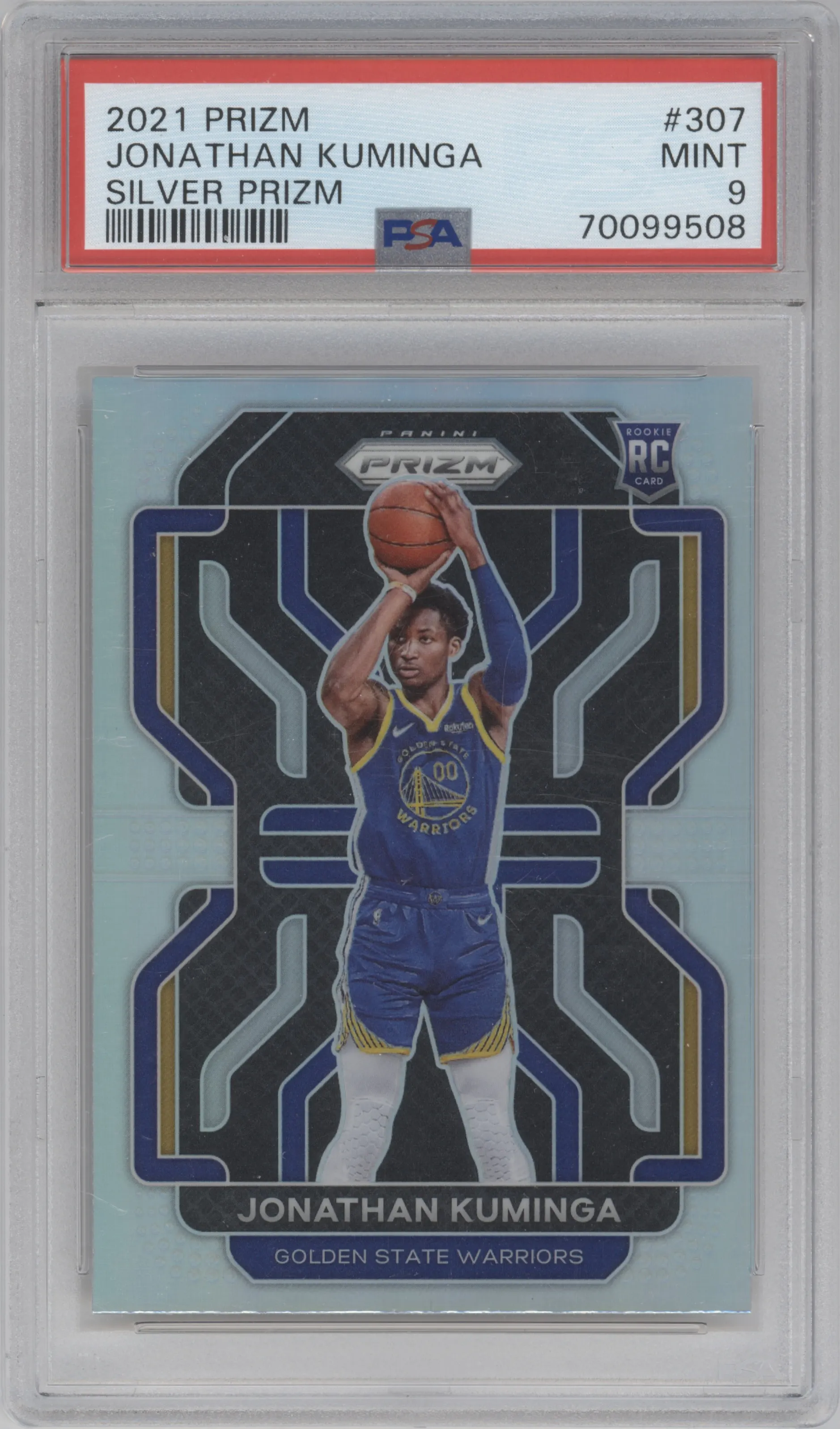  Jonathan Kuminga  from the 2021-22 Panini Prizm  set featuring a Silver Prizm parallel graded by PSA and given an overall grade of 9.