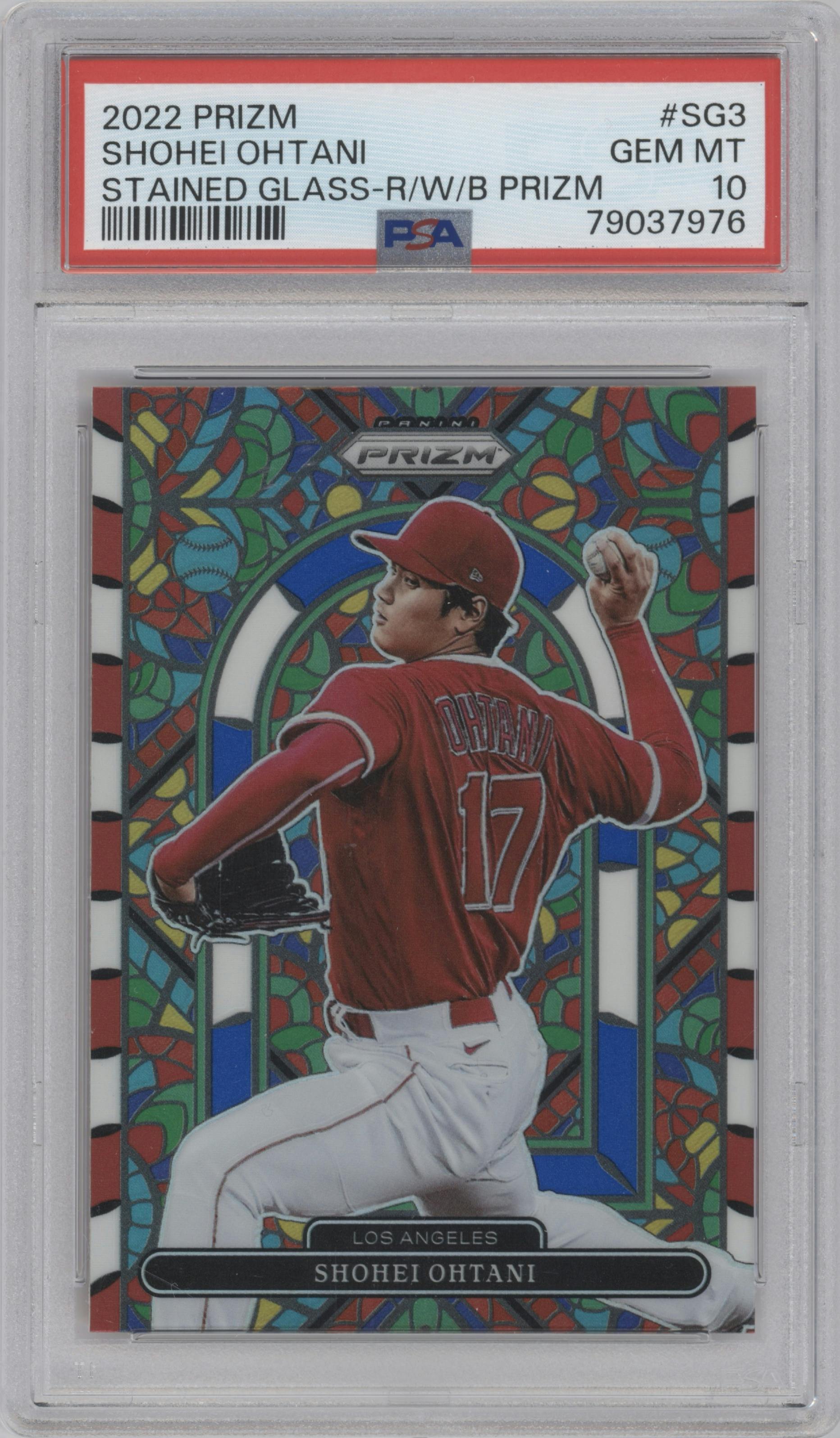Shohei Ohtani from the 2022 Panini Prizm set featuring a Red/White/Blue Prizm parallel graded by PSA and given an overall grade of 10.