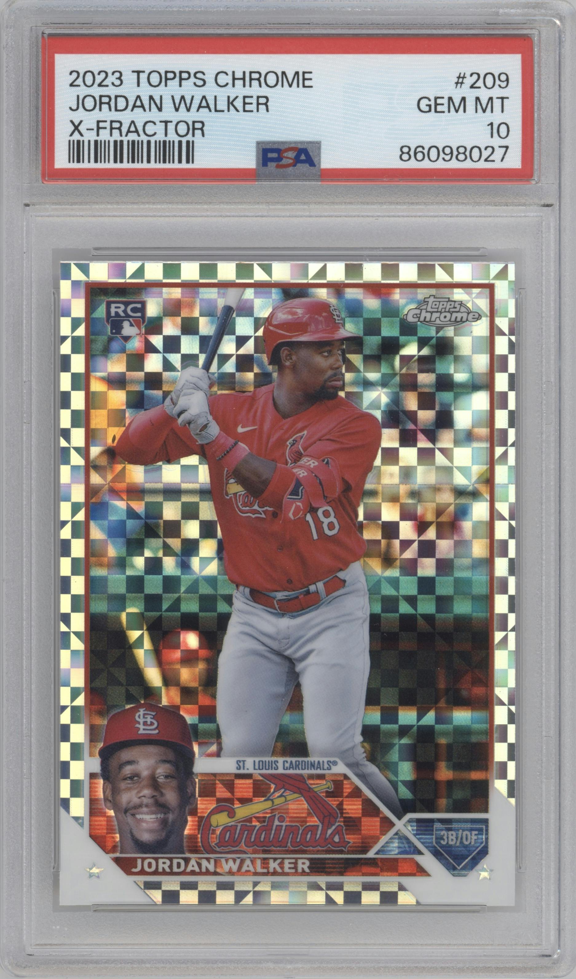 Jordan Walker from the 2023 Topps Chrome set featuring a X-Fractor parallel graded by PSA and given an overall grade of 10.