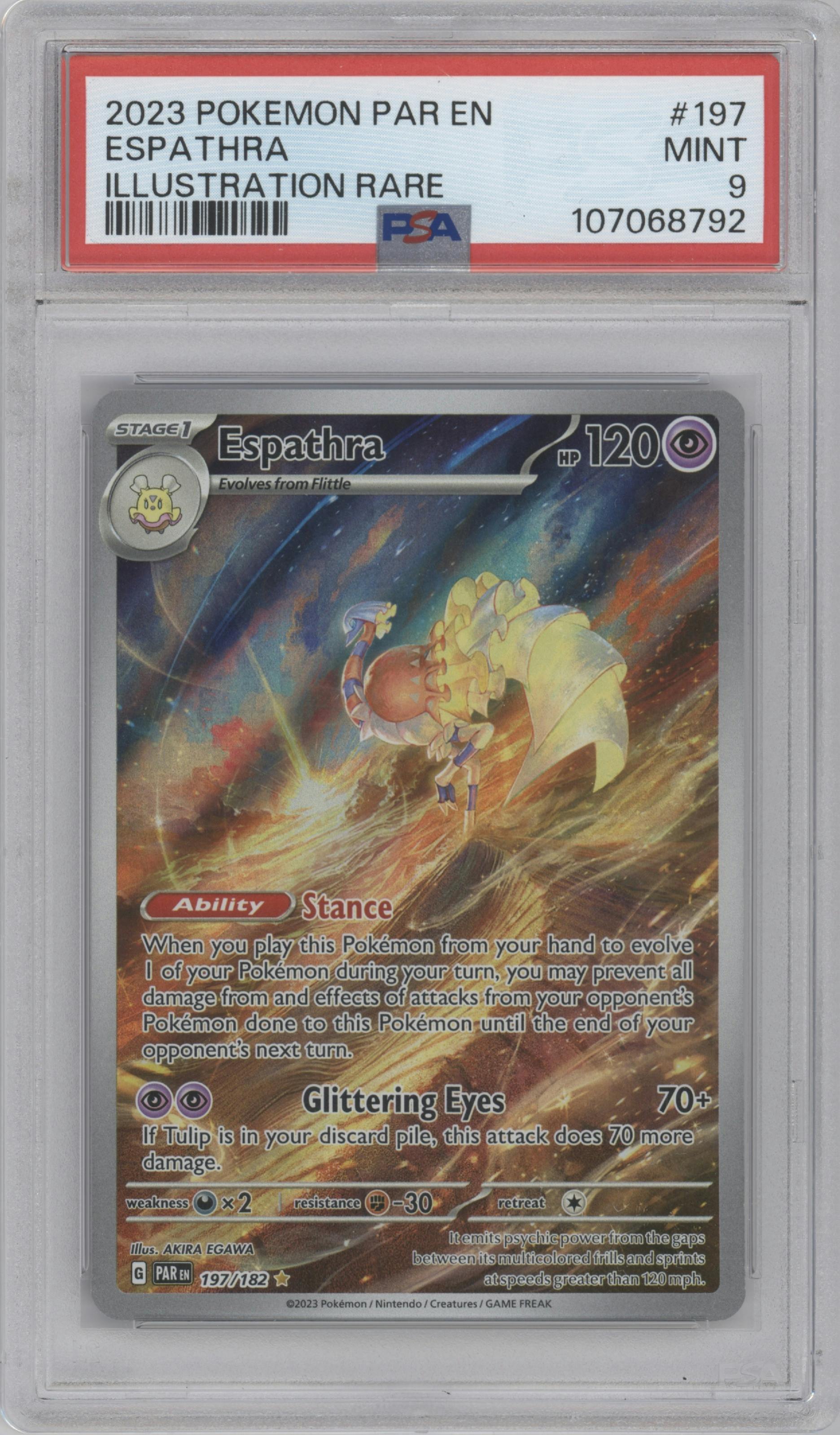 Espathra from the 2023 Pokemon SV set graded by PSA and given an overall grade of 9.