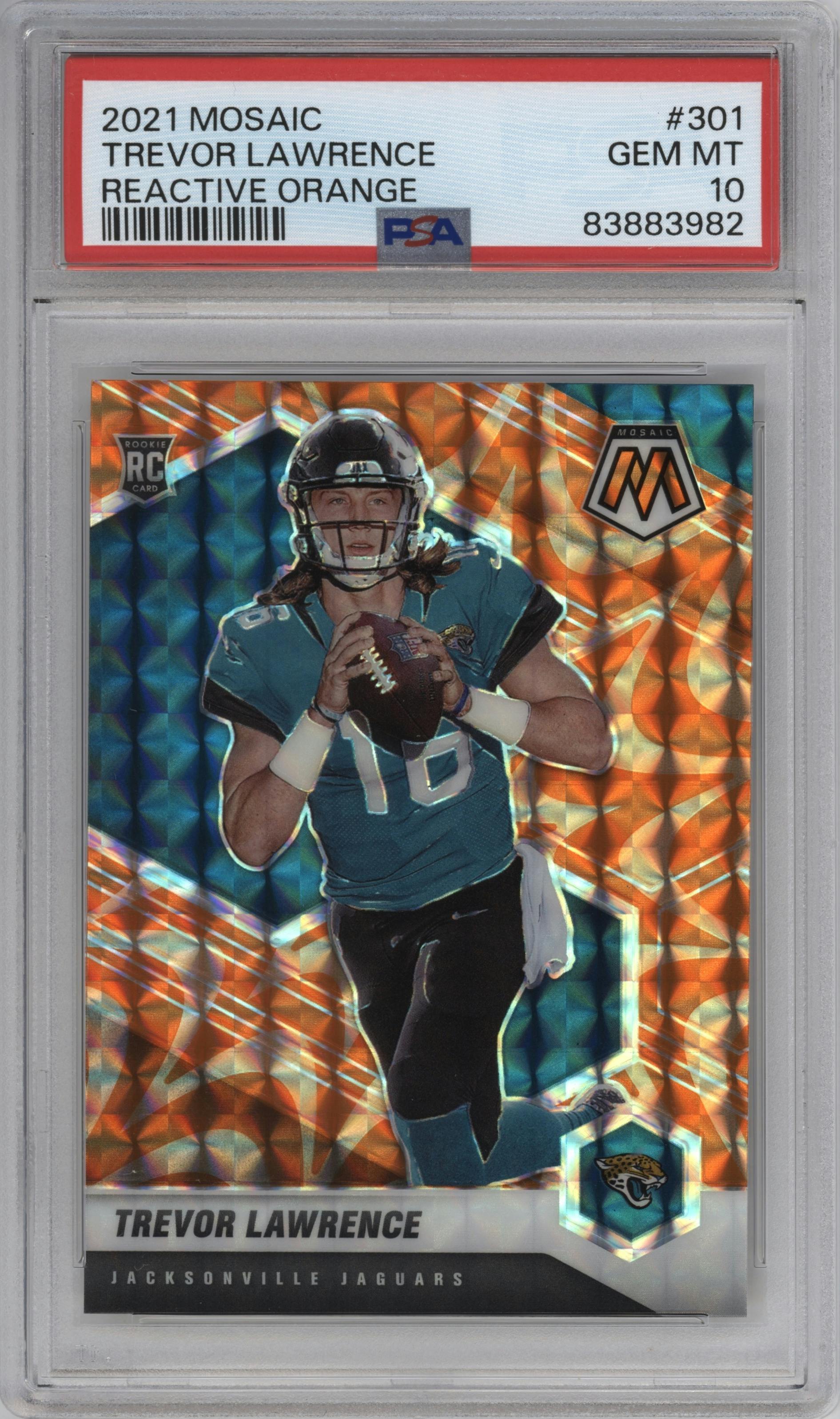 Trevor Lawrence from the 2021 Panini Mosaic set featuring a Reactive Orange parallel graded by PSA and given an overall grade of 10.