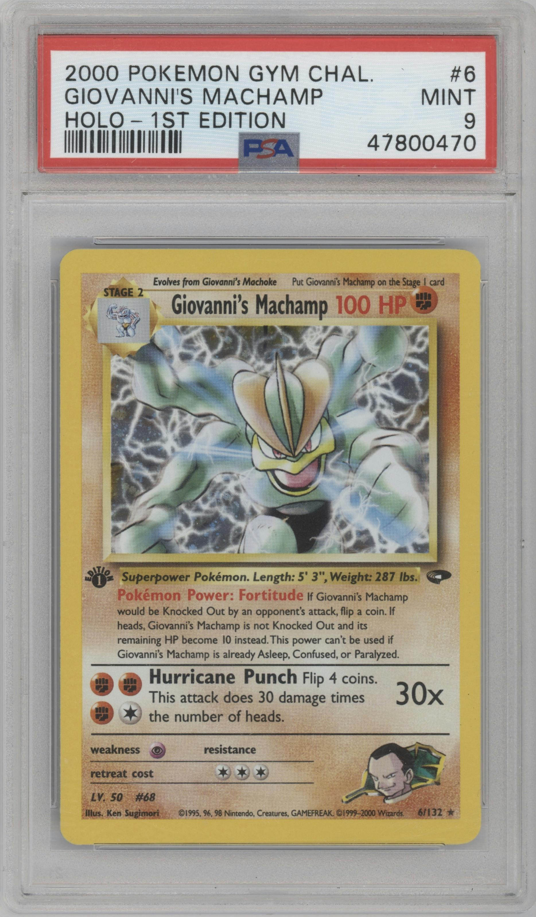 Giovanni's Machamp from the 2000 Pokemon GH set graded by PSA and given an overall grade of 9.