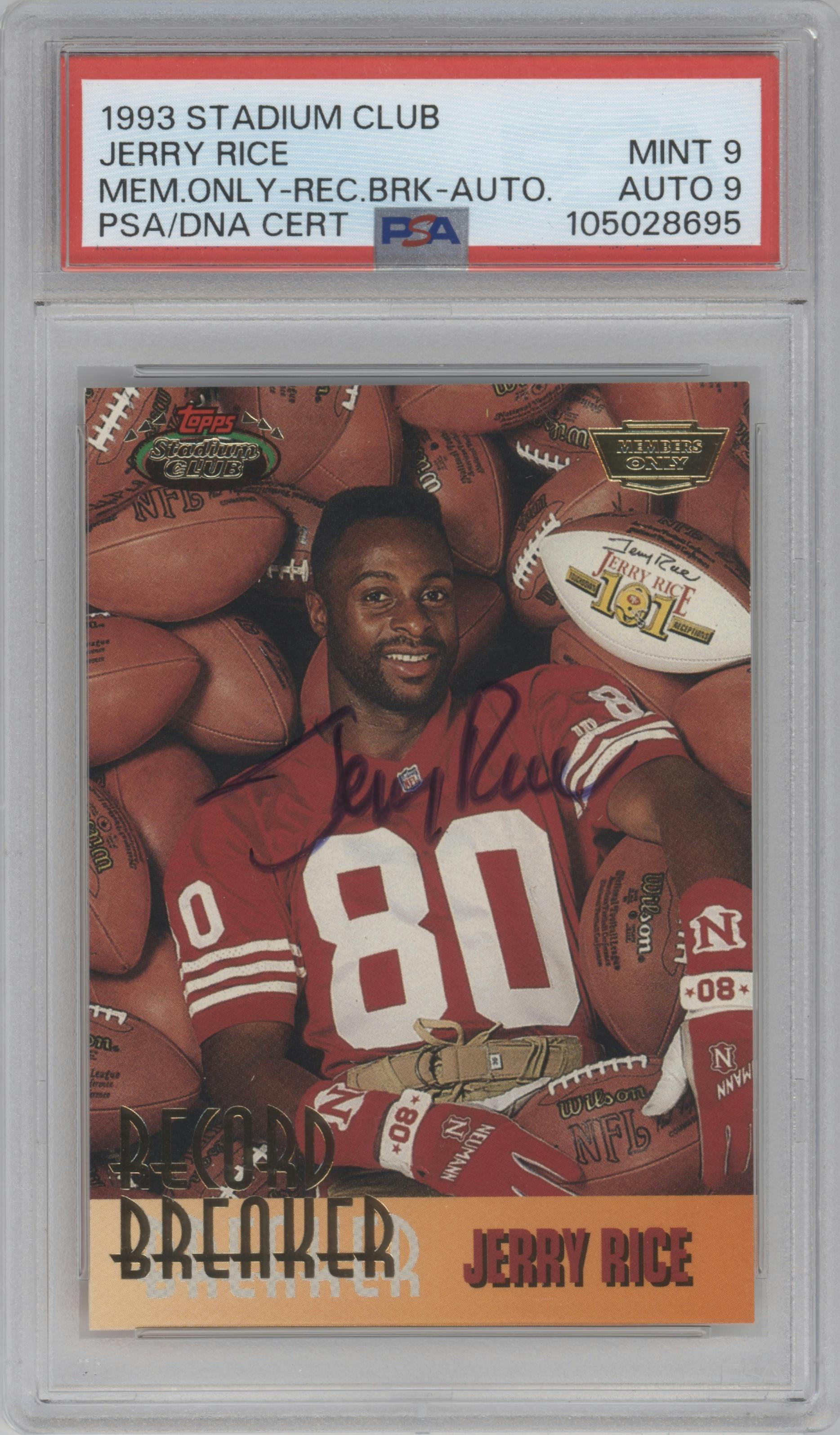 Jerry Rice from the 1993 Topps Stadium Club set featuring a Members Only parallel graded by PSA and given an overall grade of 9.