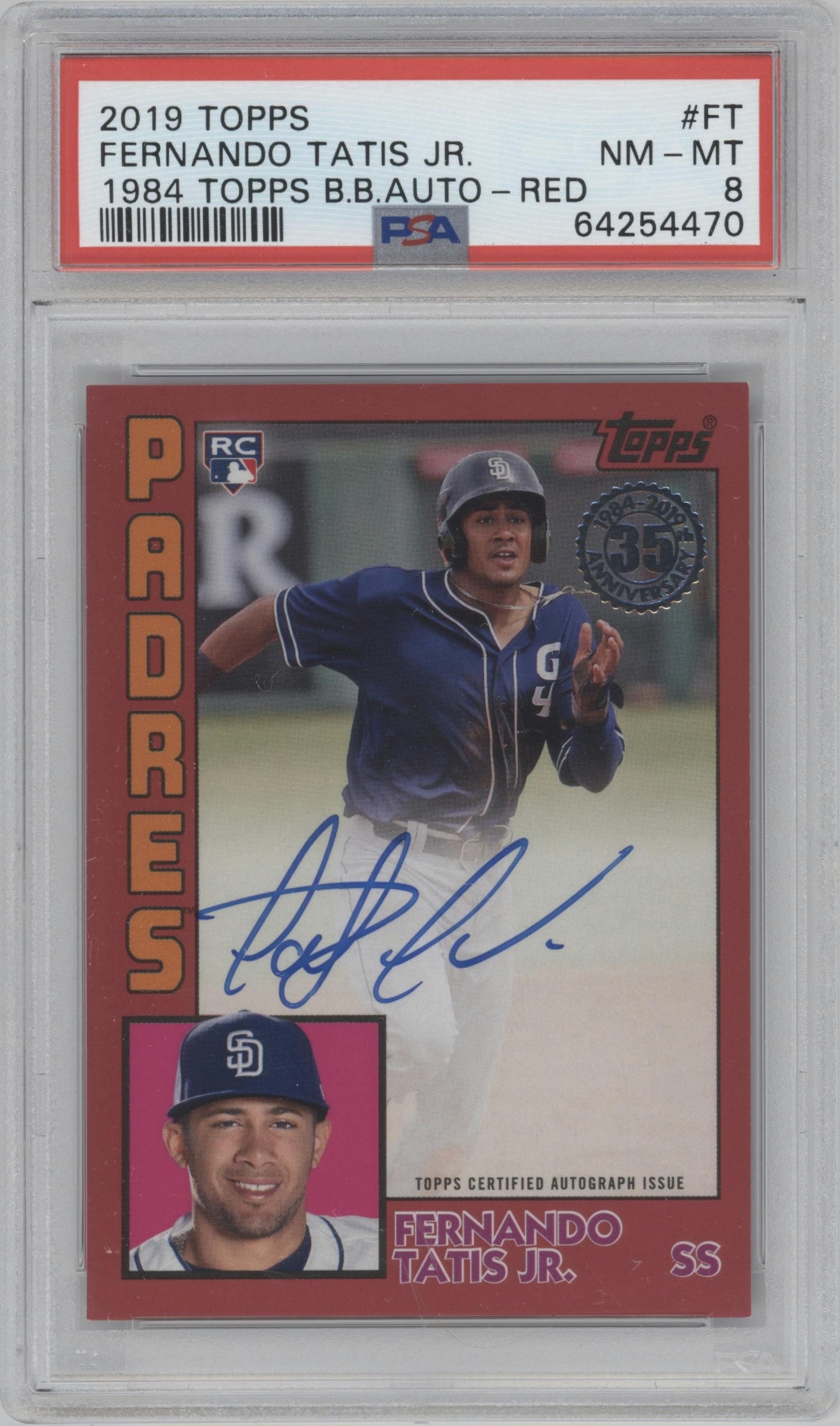 Fernando Tatis Jr. from the 2019 Topps set featuring a Red parallel graded by PSA and given an overall grade of 8.