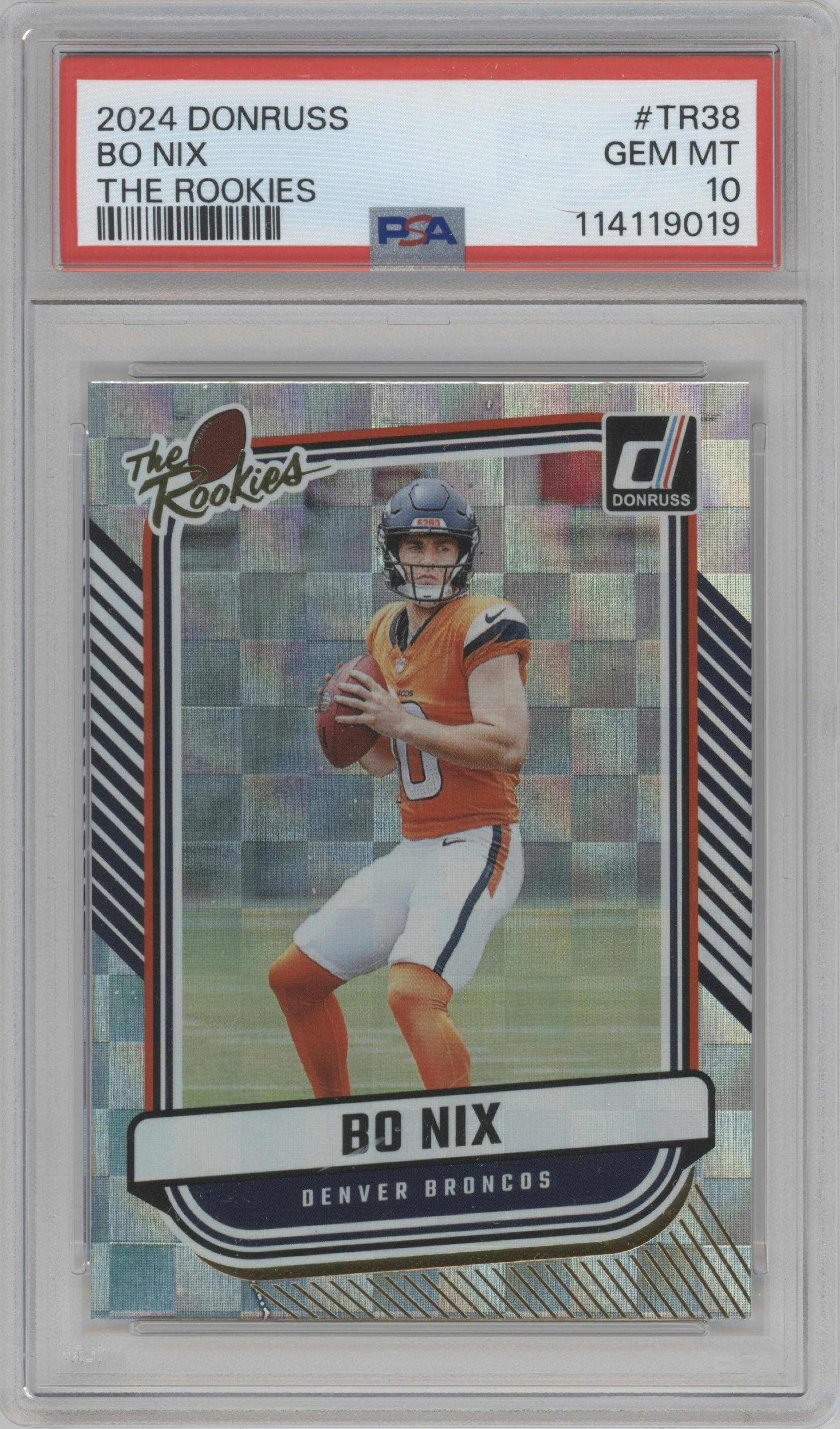 Bo Nix from the 2024 Donruss set graded by PSA and given an overall grade of 10.