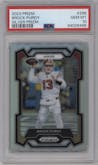 Brock Purdy from the 2023 Panini Prizm set featuring a Silver Prizm parallel graded by PSA and given an overall grade of 10.