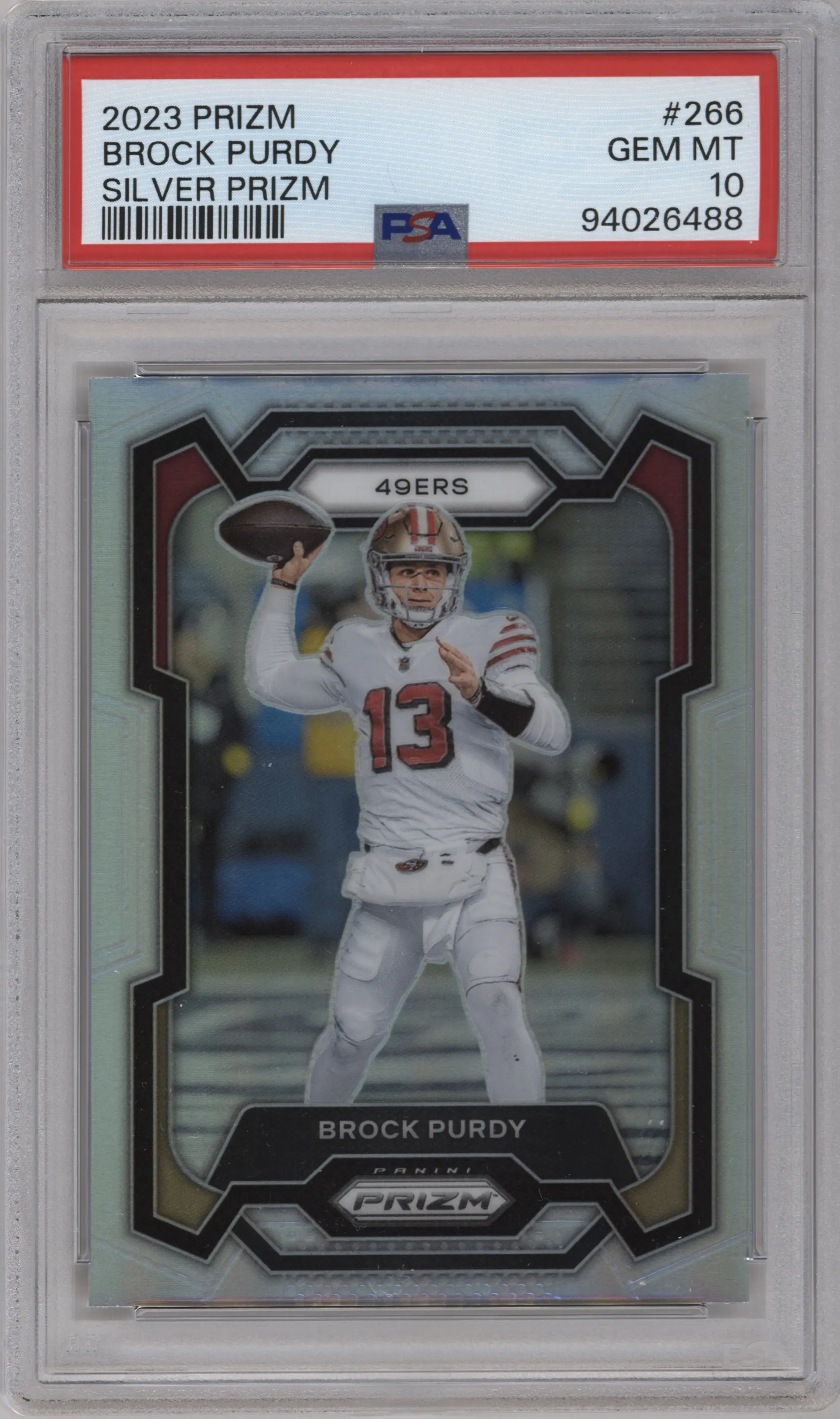Brock Purdy from the 2023 Panini Prizm set featuring a Silver Prizm parallel graded by PSA and given an overall grade of 10.