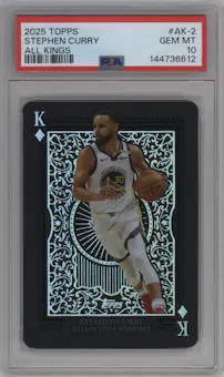 Stephen Curry from the 2025-26 Topps set graded by PSA and given an overall grade of 10.