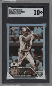 Gunnar Henderson from the 2023 Topps Chrome set featuring a Sepia Refractor parallel graded by SGC and given an overall grade of 10.