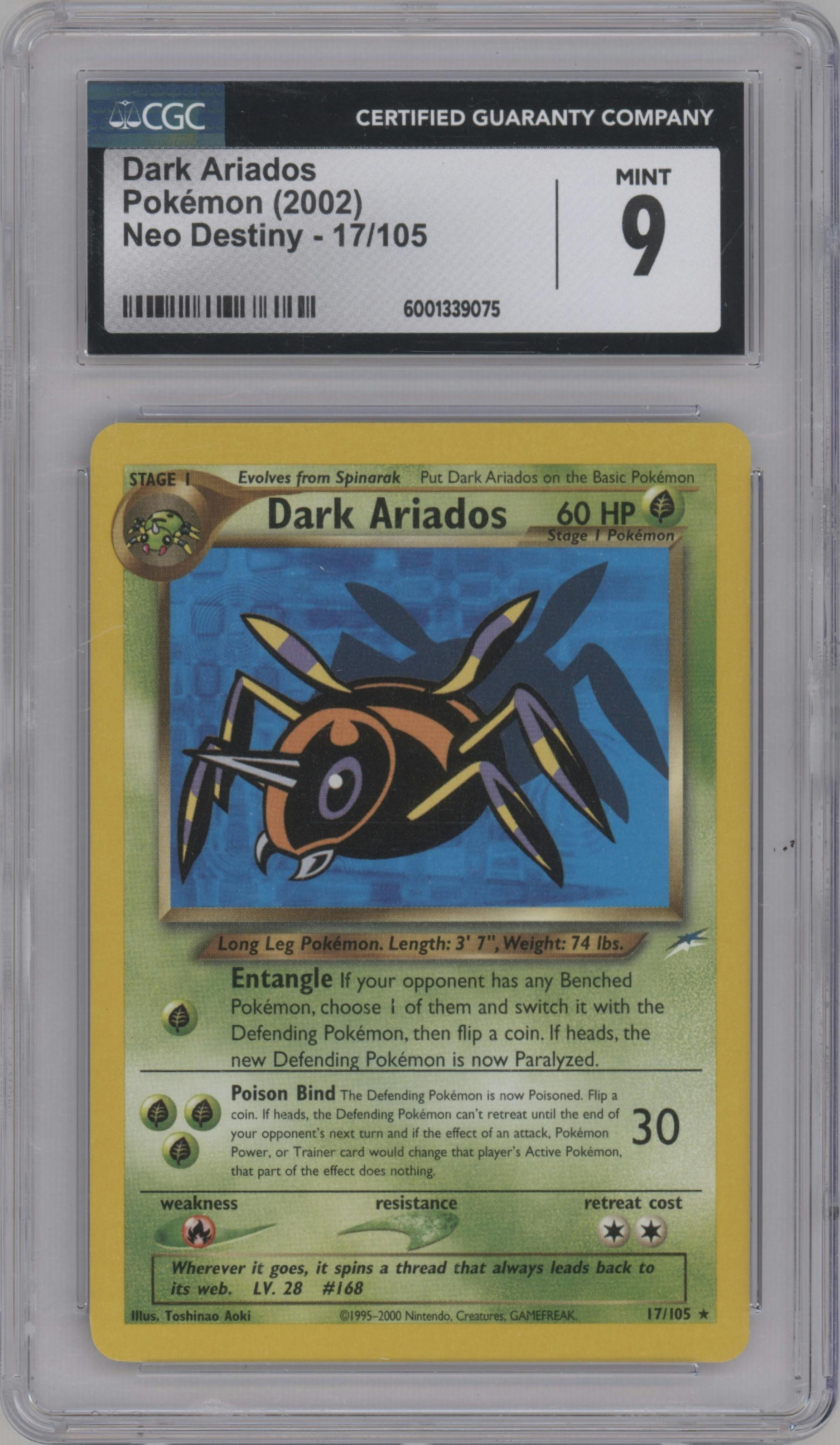 Dark Ariados from the 2002 Pokemon Neo Genesis set graded by CSG and given an overall grade of 9.