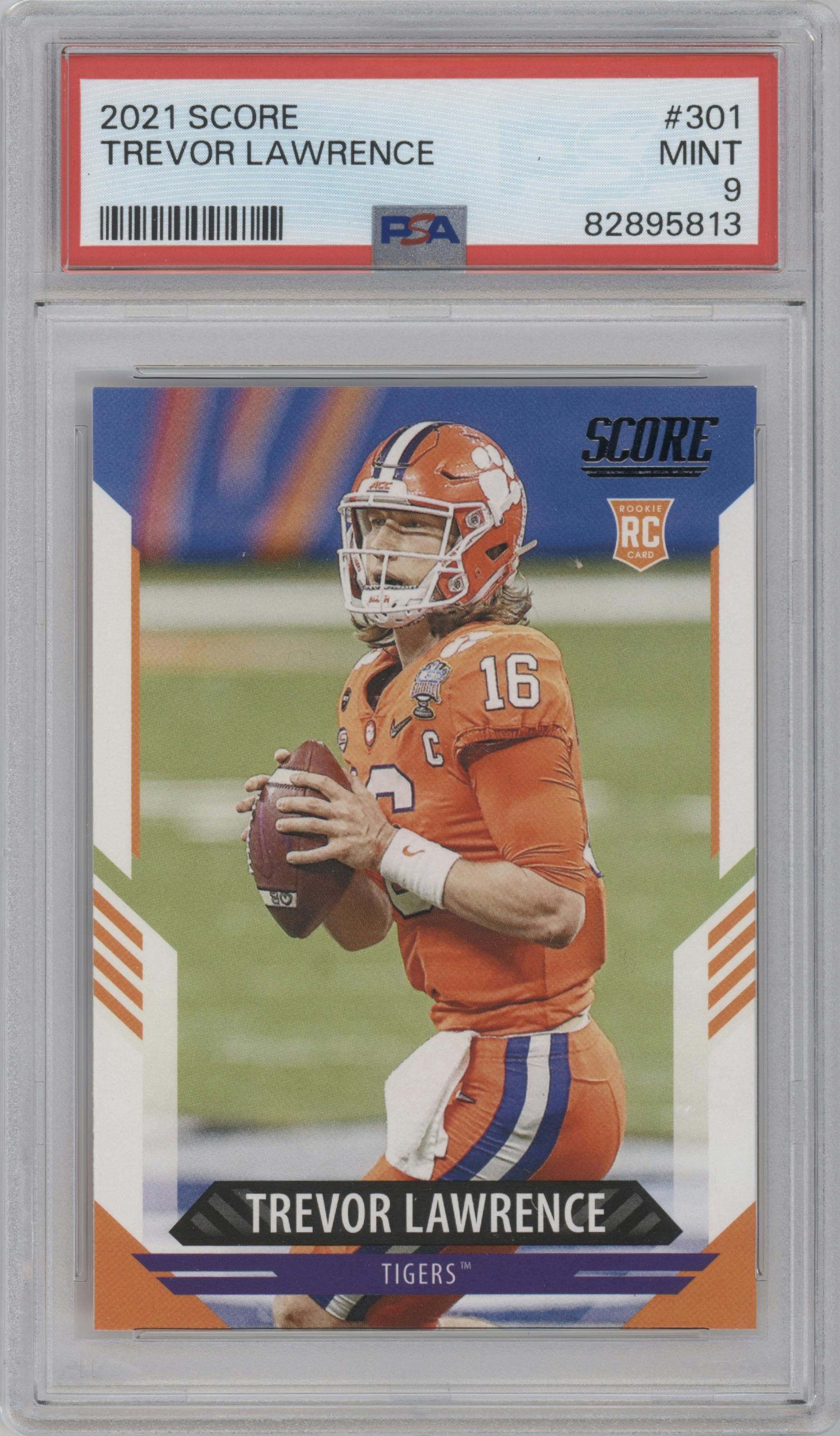 Trevor Lawrence from the 2021 Panini Score set graded by PSA and given an overall grade of 9.