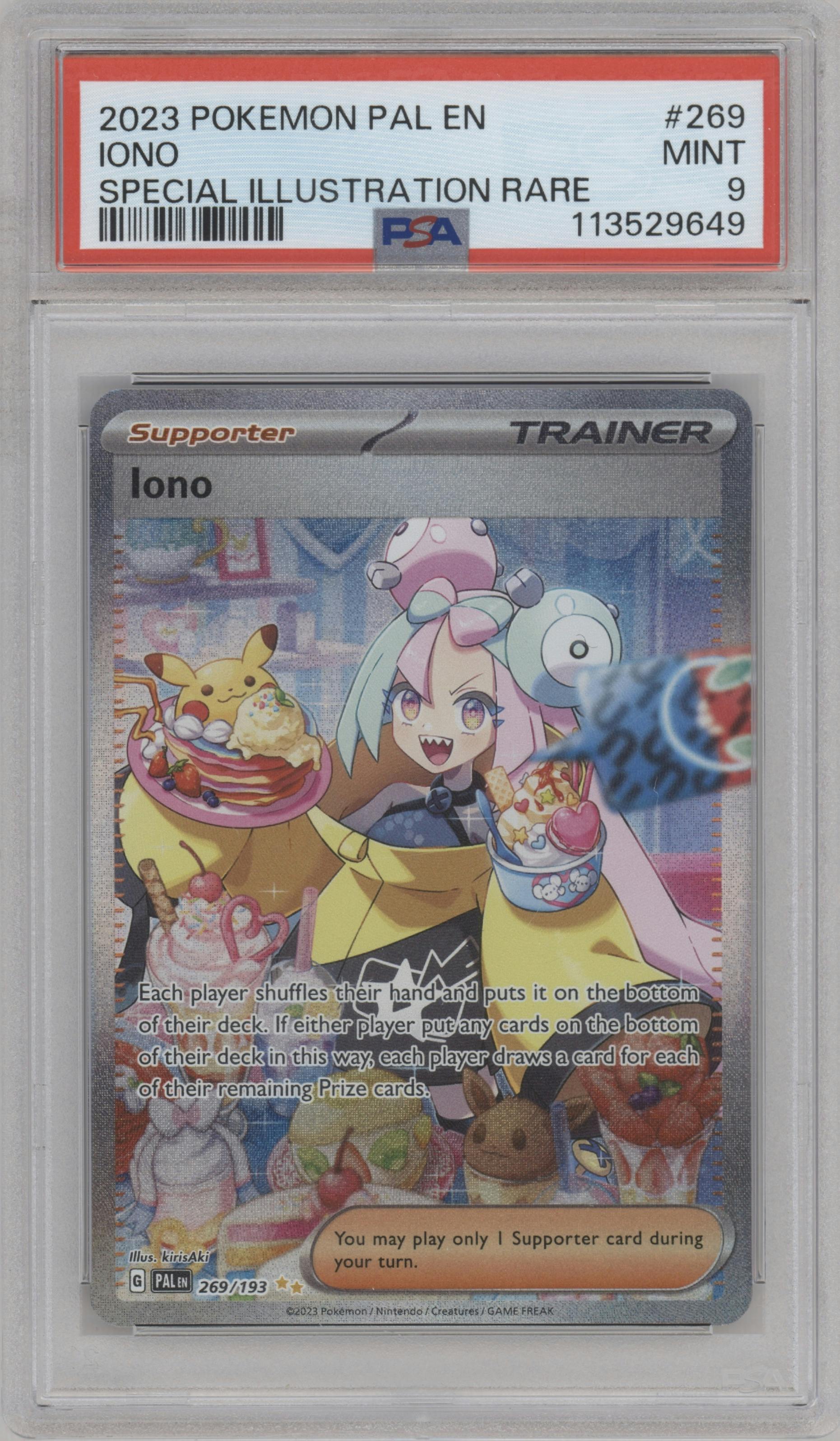 Iono from the 2023 Pokemon SV set graded by PSA and given an overall grade of 9.