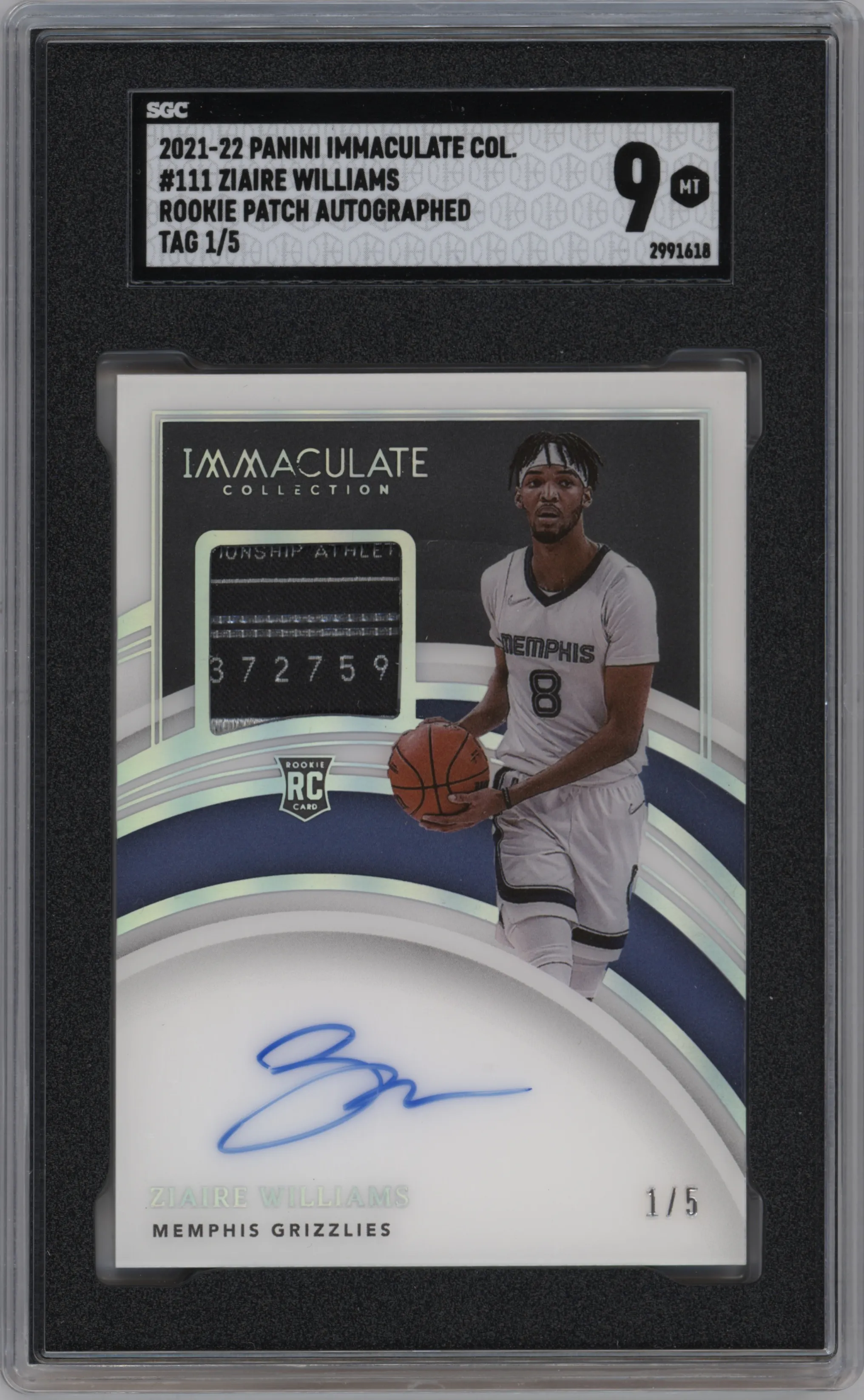 Ziaire Williams from the 2021-22 Panini Immaculate Collection set featuring a Tag parallel graded by SGC and given an overall grade of 9.