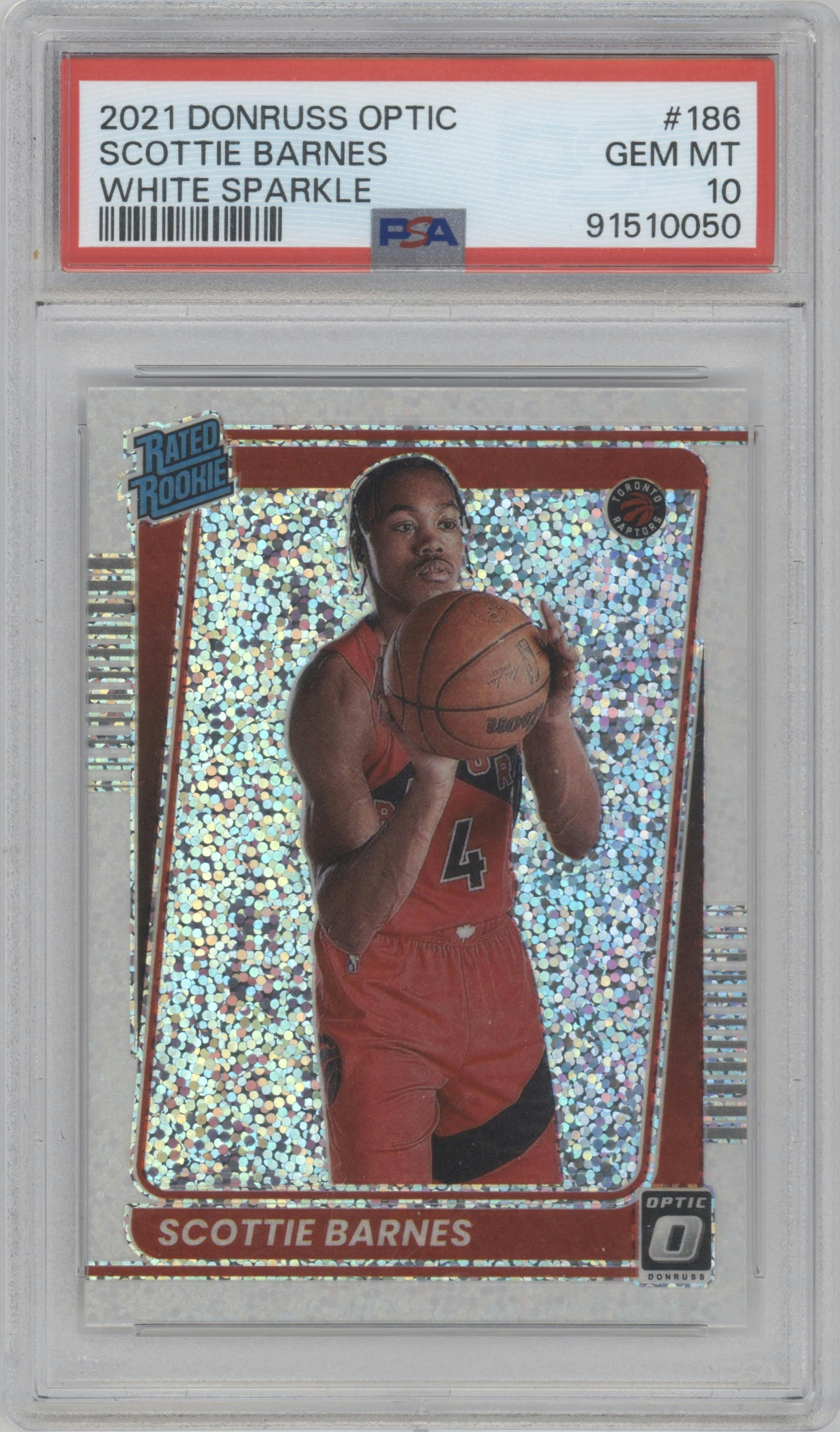 Scottie Barnes from the 2021-22 Panini Donruss Optic set featuring a White Sparkle parallel graded by PSA and given an overall grade of 10.