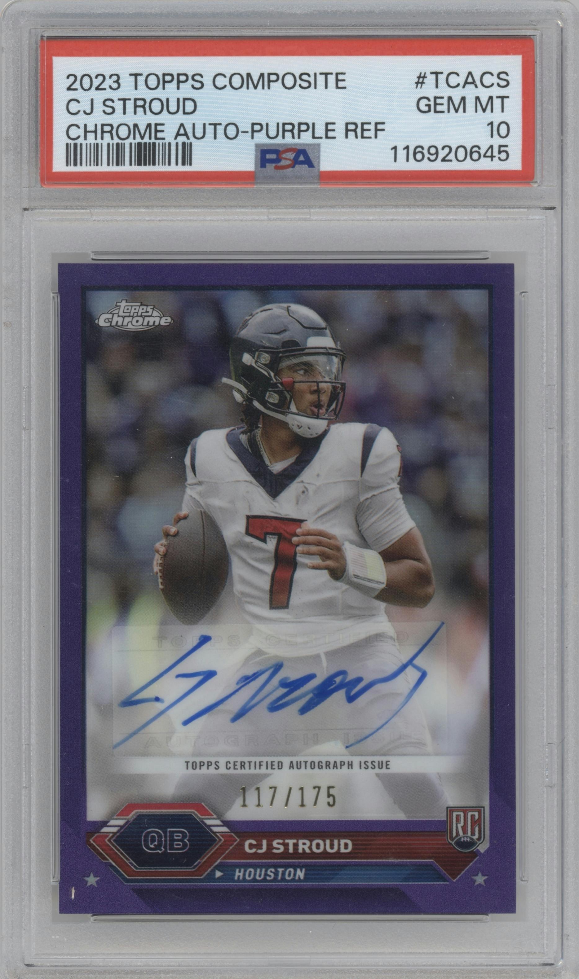 CJ Stroud from the 2023 Topps Composite set featuring a Purple Refractor parallel graded by PSA and given an overall grade of 10.