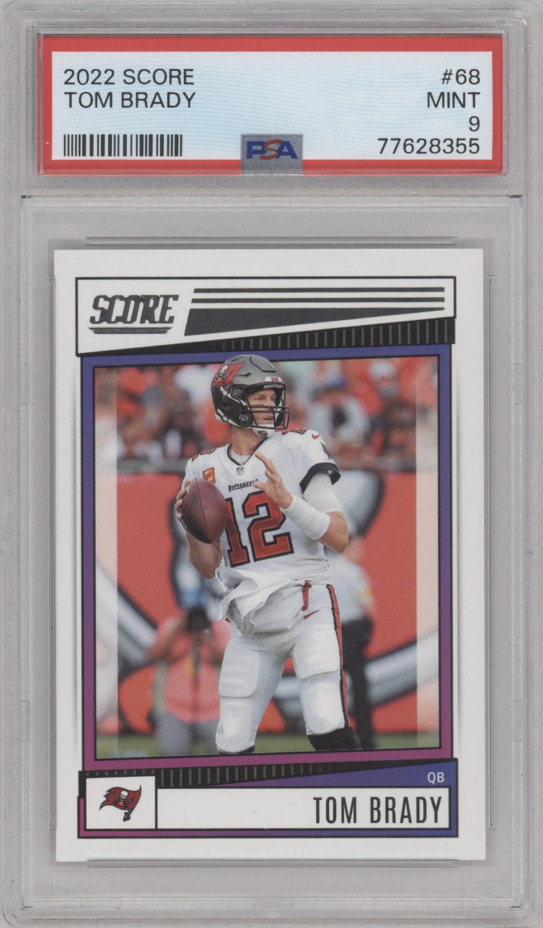 Tom Brady from the 2022 Panini Score set graded by PSA and given an overall grade of 9.