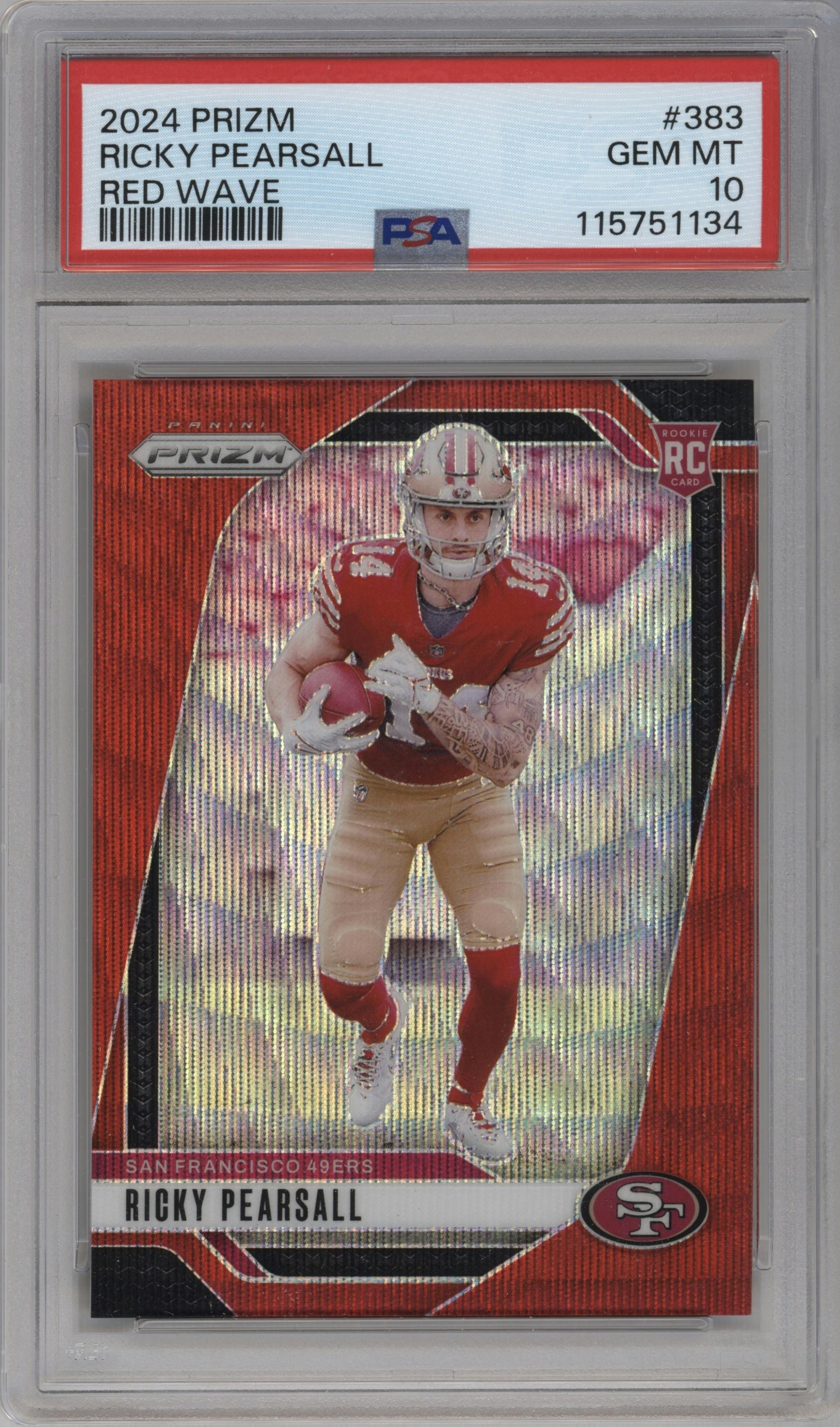 Ricky Pearsall from the 2024 Panini Prizm set featuring a Red Wave parallel graded by PSA and given an overall grade of 10.