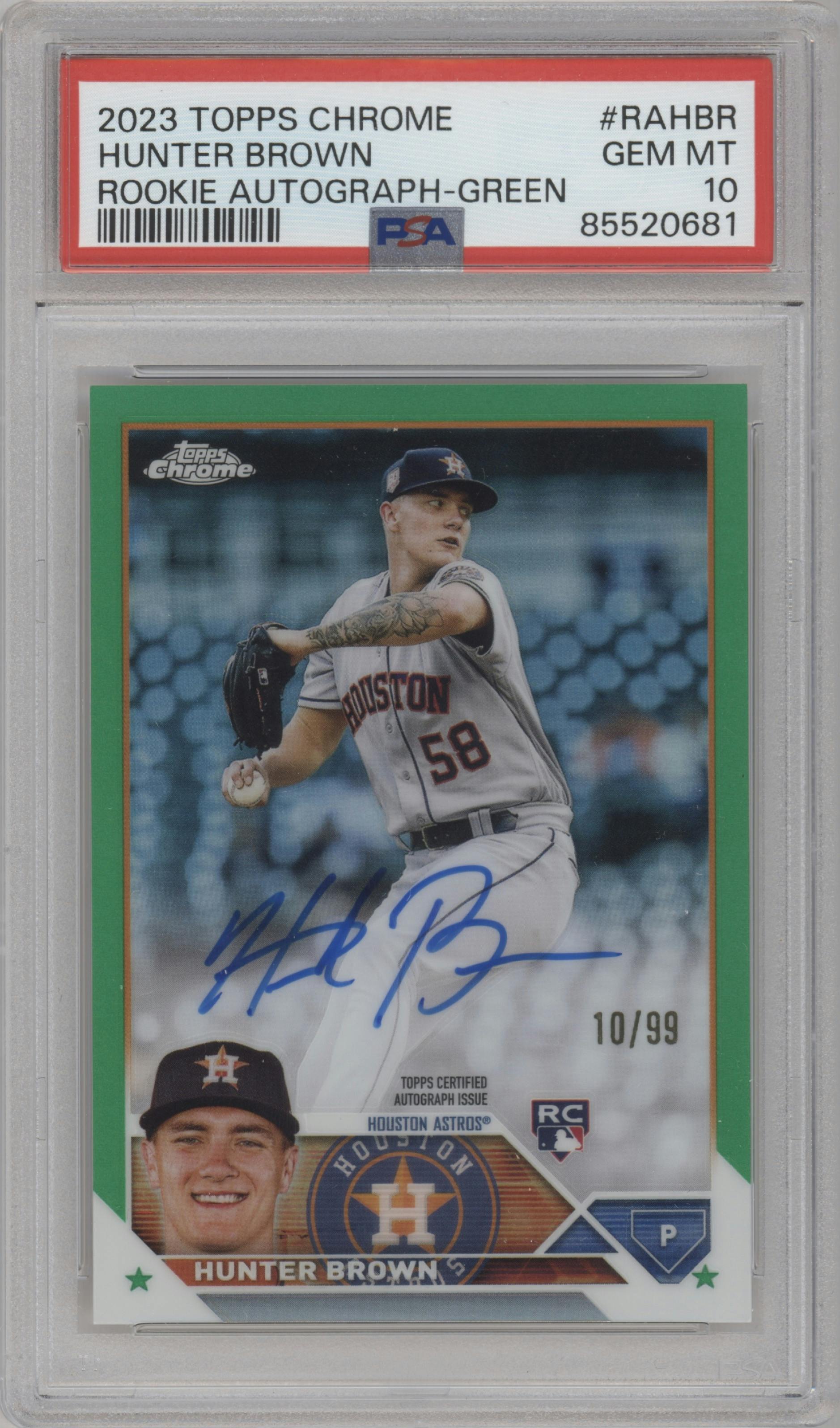 Hunter Brown from the 2023 Topps Chrome set featuring a Green Refractor parallel graded by PSA and given an overall grade of 10.