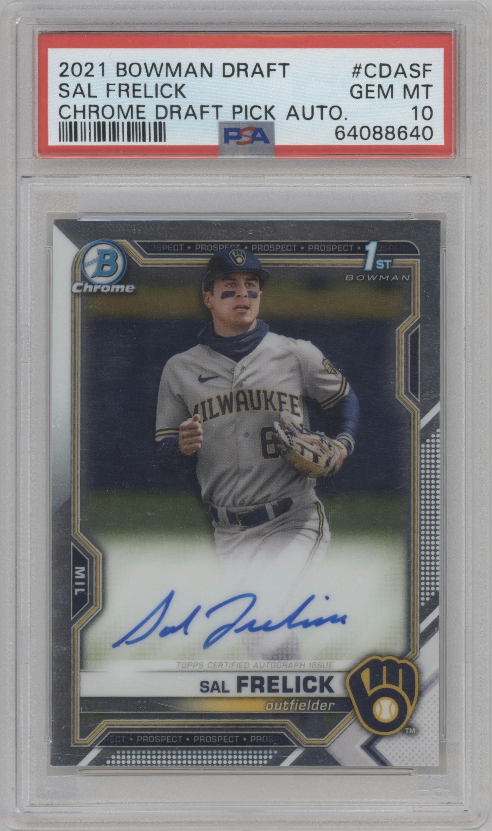 Sal Frelick from the 2021 Bowman Draft set graded by PSA and given an overall grade of 10.