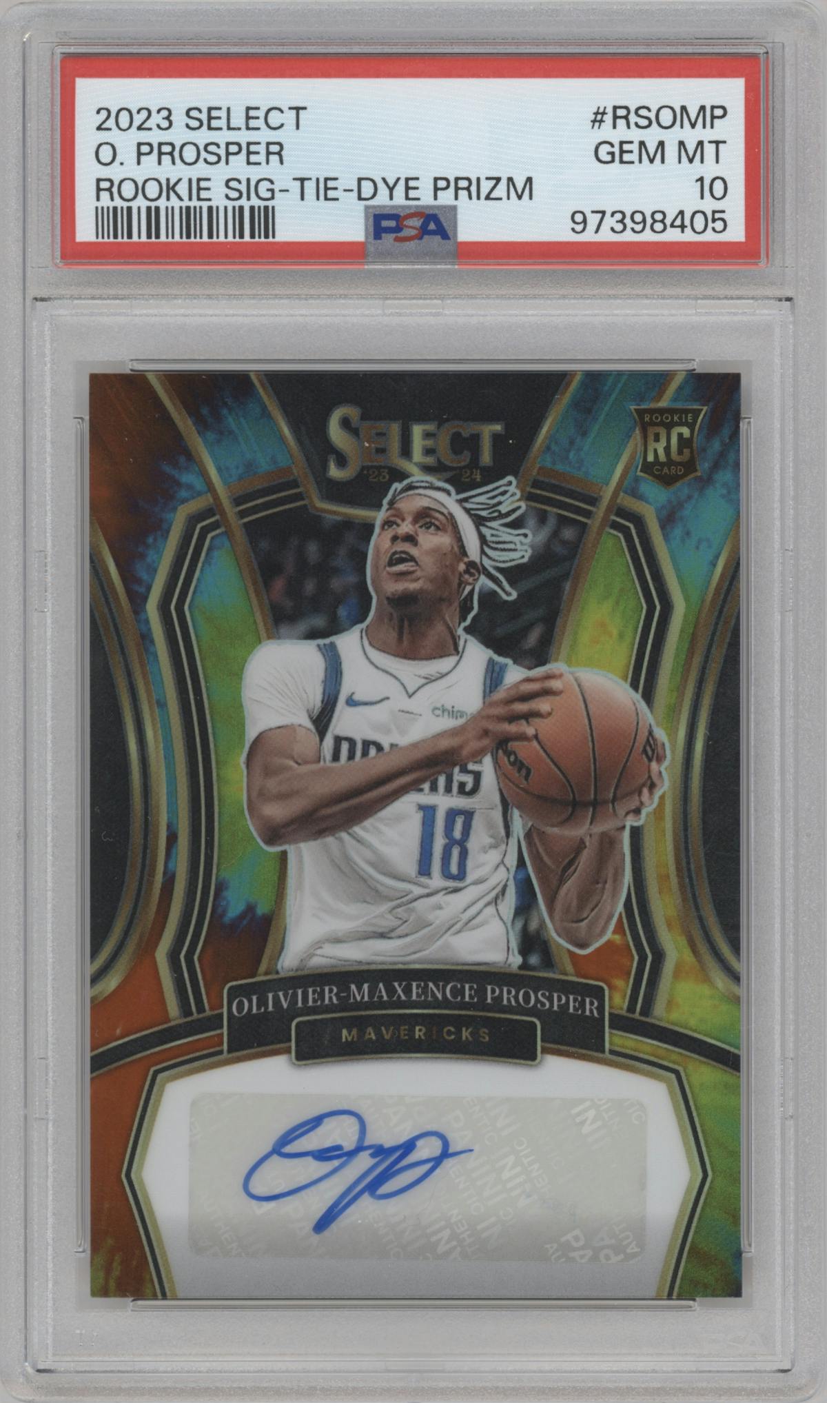 Olivier-Maxence Prosper from the 2023-24 Panini Select  set featuring a Tie-Dye parallel graded by PSA and given an overall grade of 10.