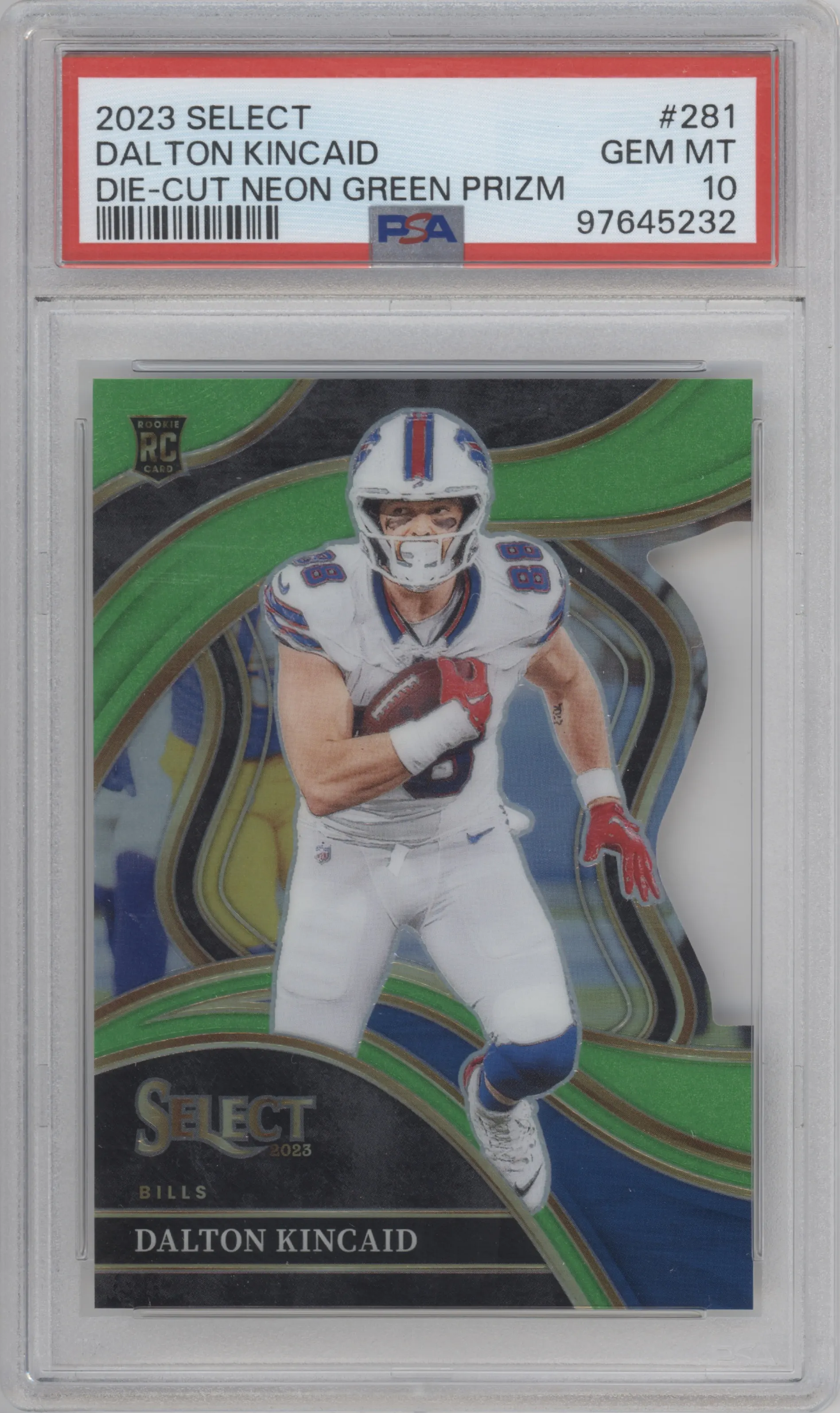 Dalton Kincaid from the 2023 Panini Select set featuring a Die-Cut Neon Green Prizm parallel graded by PSA and given an overall grade of 10.